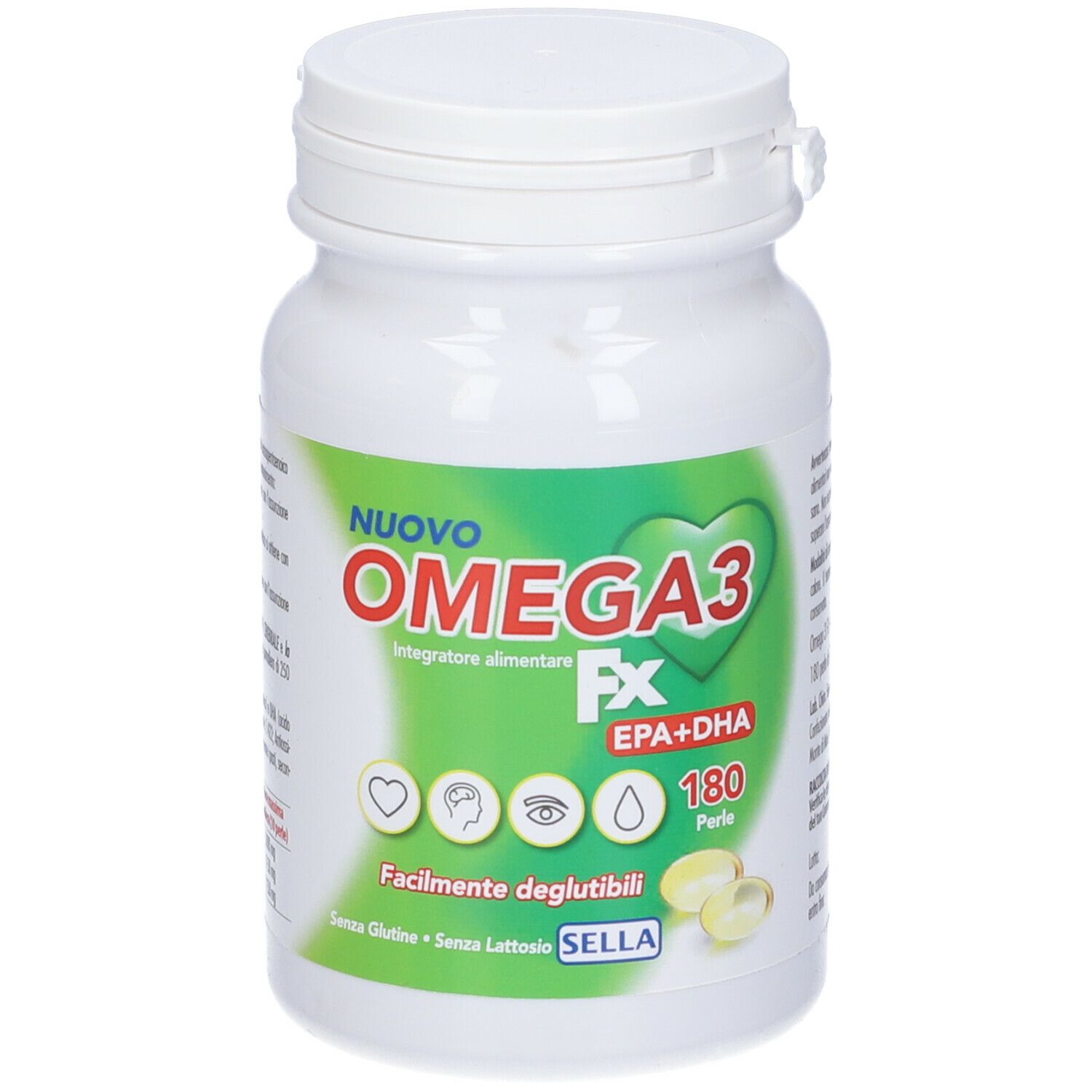Flacone bianco con etichetta verde. Scritta: Omega3 FX, EPA+DHA, 180 perle. Sono raffigurate capsule.