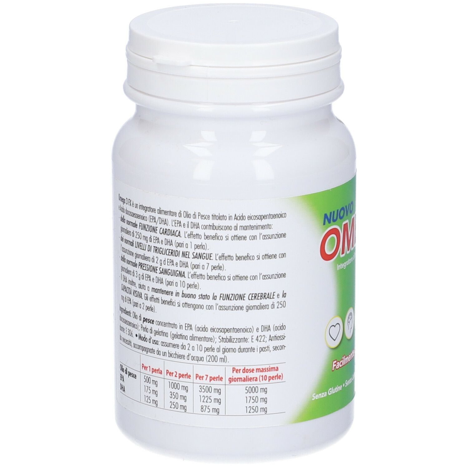 Retro del flacone bianco. Informazioni testuali sul prodotto e i suoi ingredienti. Etichetta verde con Omega3 FX.