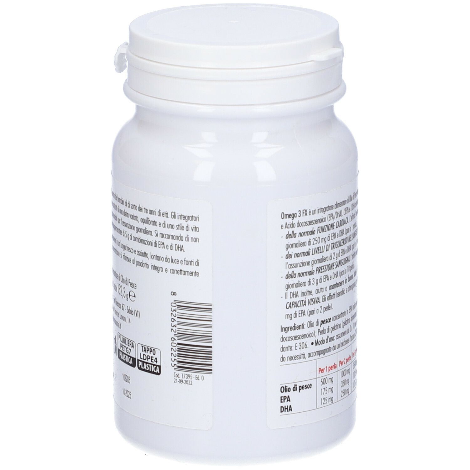 Flacone bianco, vista posteriore. Informazioni testuali ed etichetta verde con Omega3 FX. Simbolo riciclo plastica.