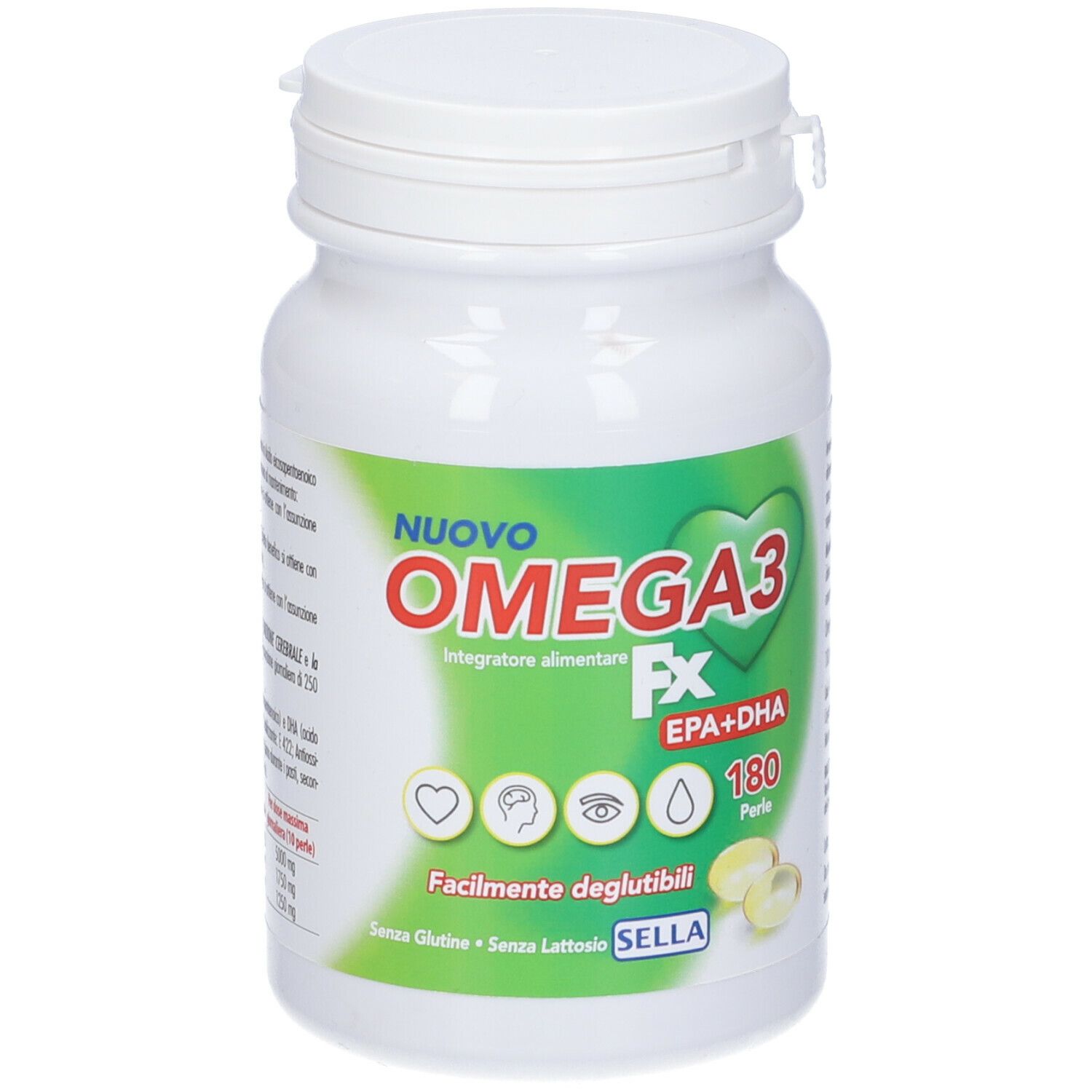Flacone bianco con etichetta verde. Scritta: Omega3 FX, EPA+DHA, 180 perle. Sono raffigurate capsule.
