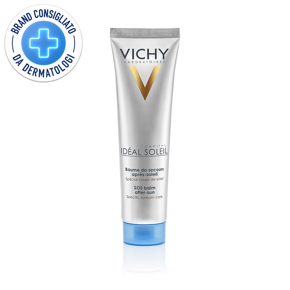 Tubo argentato con tappo blu. Scritta: VICHY, Idéal Soleil, Balsamo SOS. Logo: Brand Consigliato da Dermatologi.