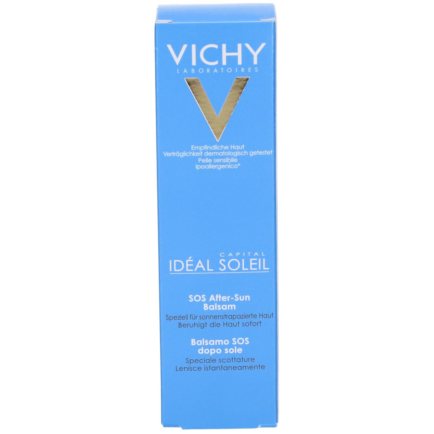 Scatola blu. Scritta: VICHY, Idéal Soleil, SOS After-Sun. Testo in tedesco, italiano, francese. Logo.