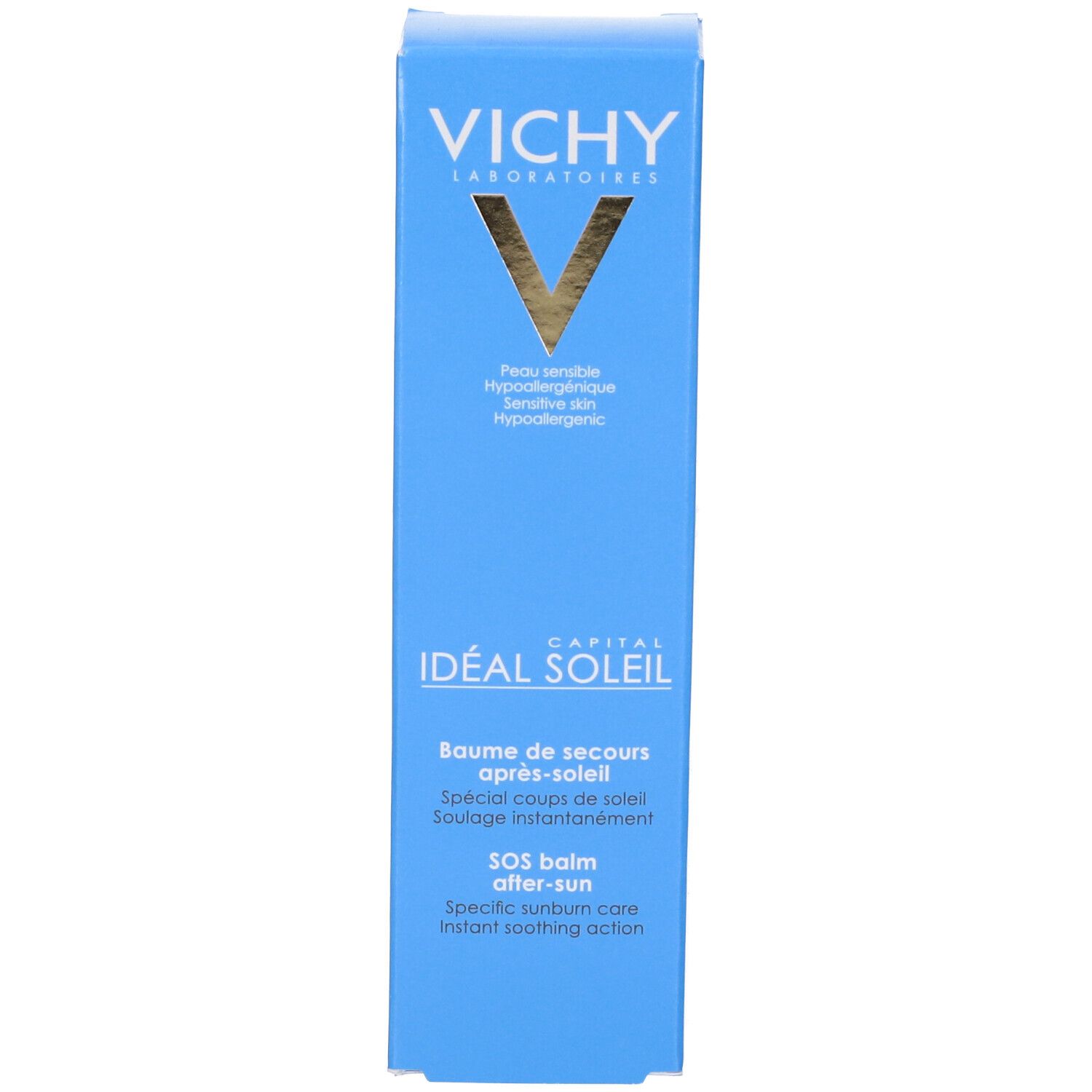 Scatola blu. Scritta: VICHY, Idéal Soleil, SOS After-Sun. Testo in francese e inglese. Logo.