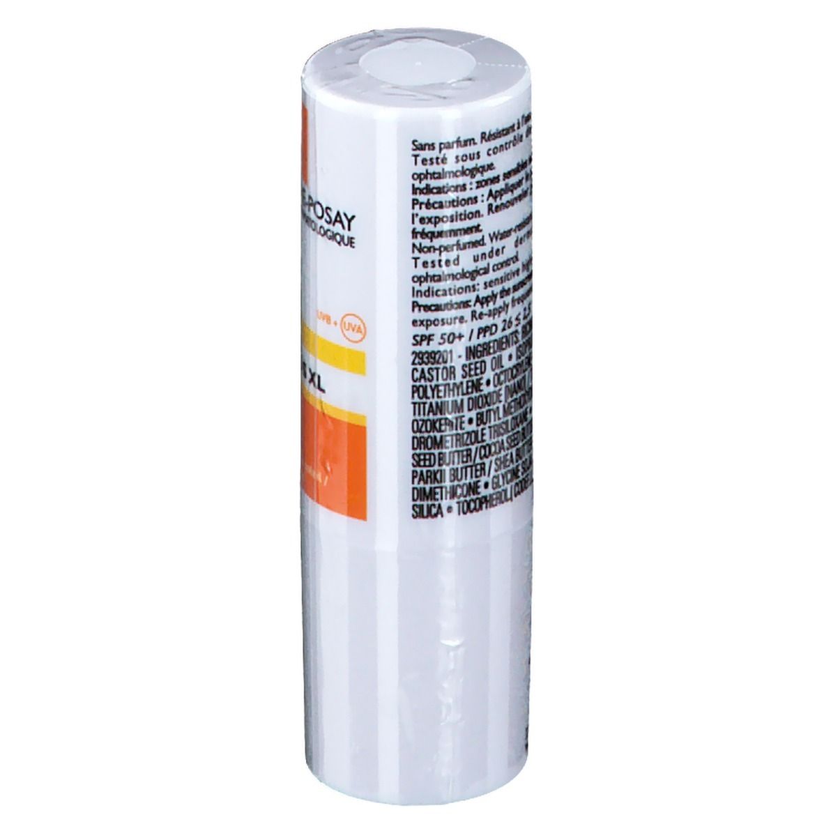 Retro dello stick La Roche-Posay Anthelios XL. Confezione bianca con testo. Ingredienti e istruzioni per l'uso visibili.
