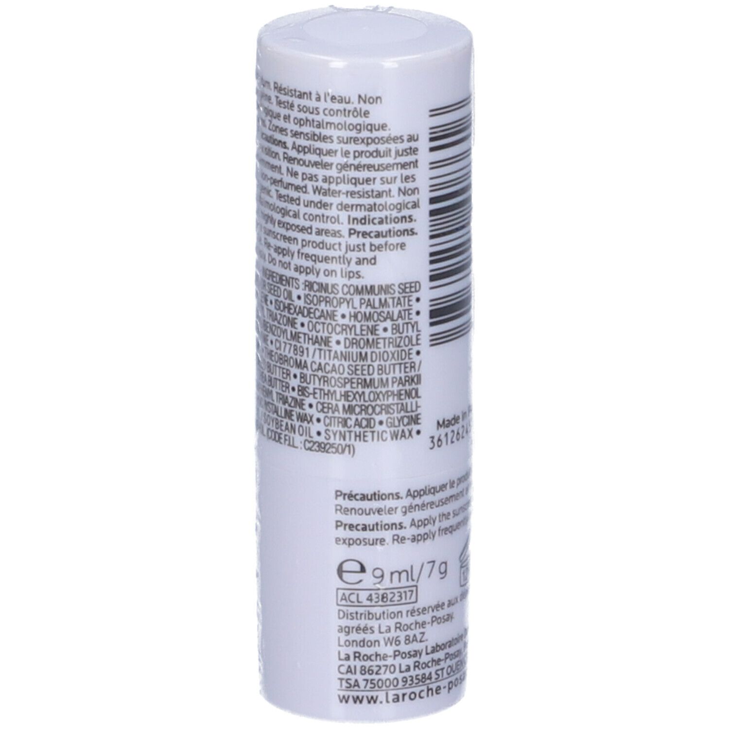 Base dello stick La Roche-Posay Anthelios XL. Confezione bianca con testo. Volume: 9 ml/7g. Informazioni del produttore.