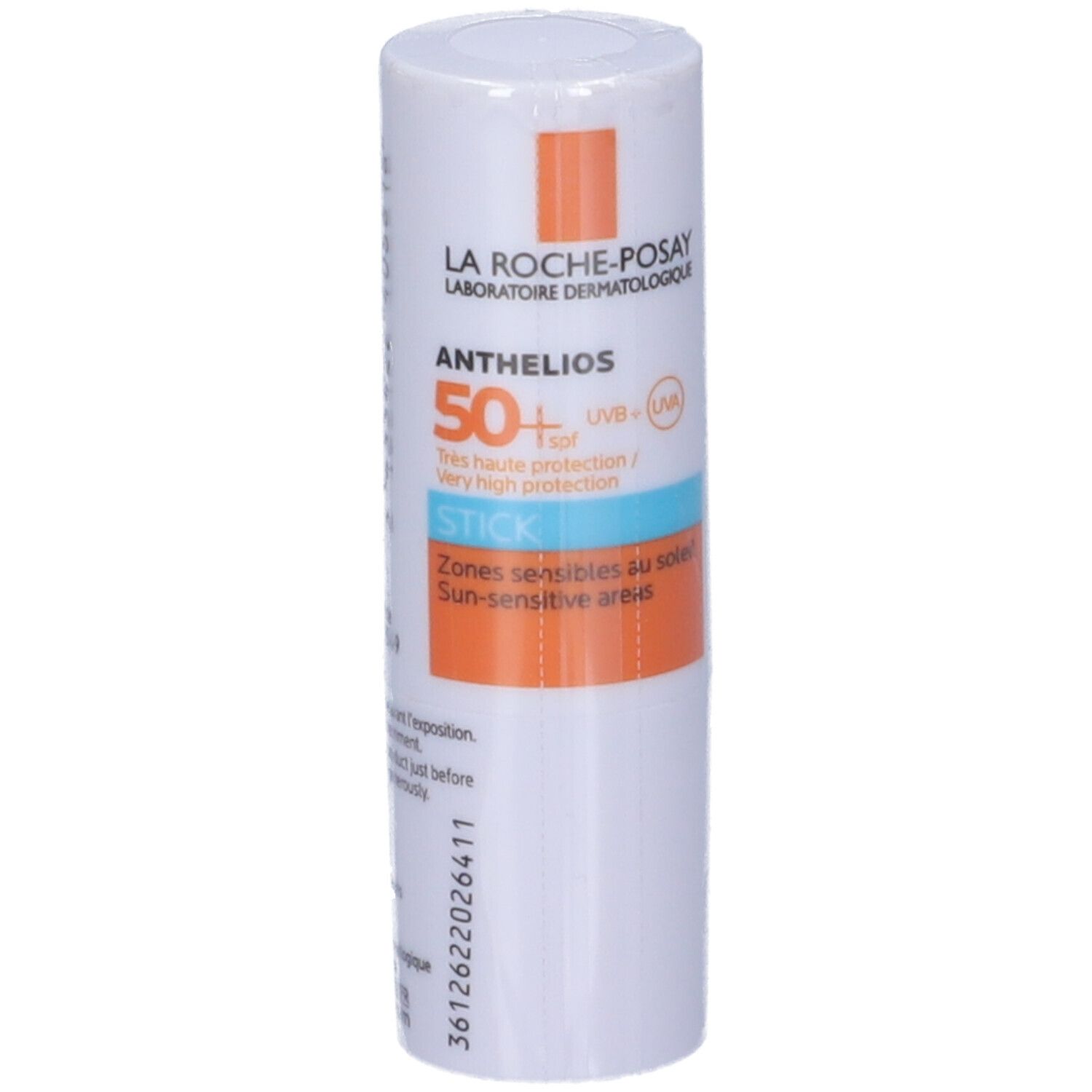 Stick La Roche-Posay Anthelios XL 50+. Confezione bianca con dettagli arancioni e blu. Informazioni sul prodotto visibili.