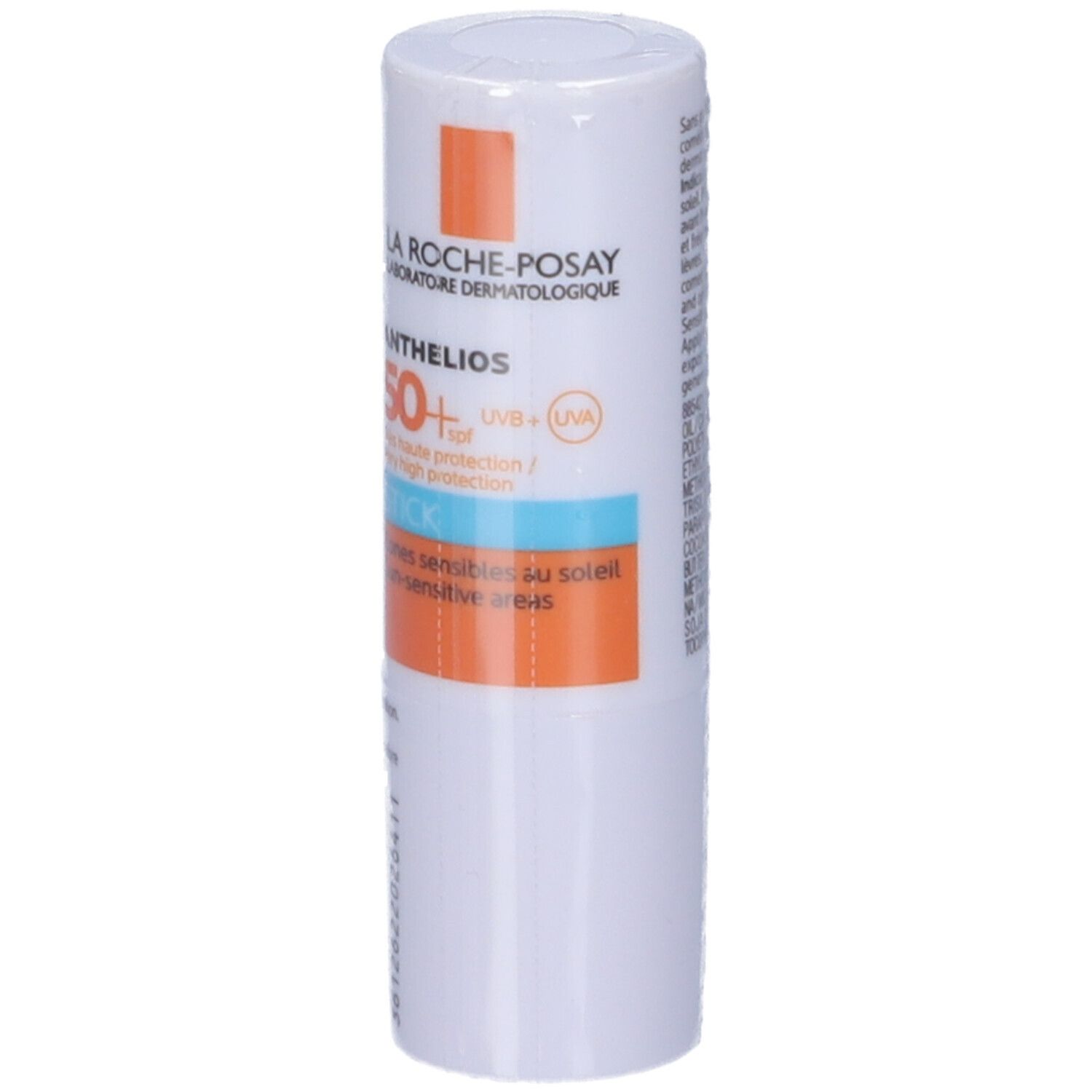 Stick La Roche-Posay Anthelios XL 50+. Confezione bianca con dettagli arancioni e blu. Informazioni sul prodotto visibili.