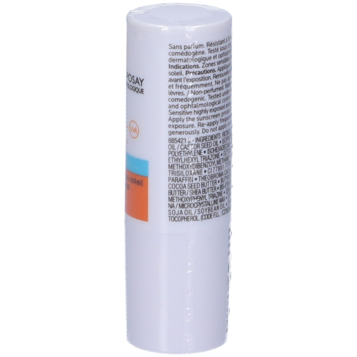 Retro dello stick La Roche-Posay Anthelios XL. Confezione bianca con testo. Ingredienti e istruzioni per l'uso visibili.