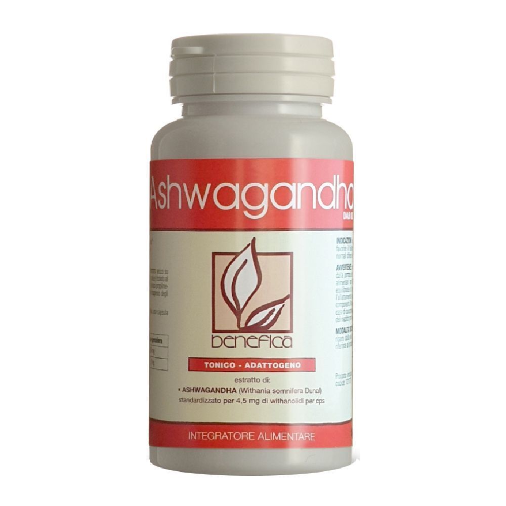 Flacone bianco con etichetta rossa. Scritta: Ashwagandha, Benefica. Contiene capsule. Tonico-Adattogeno.