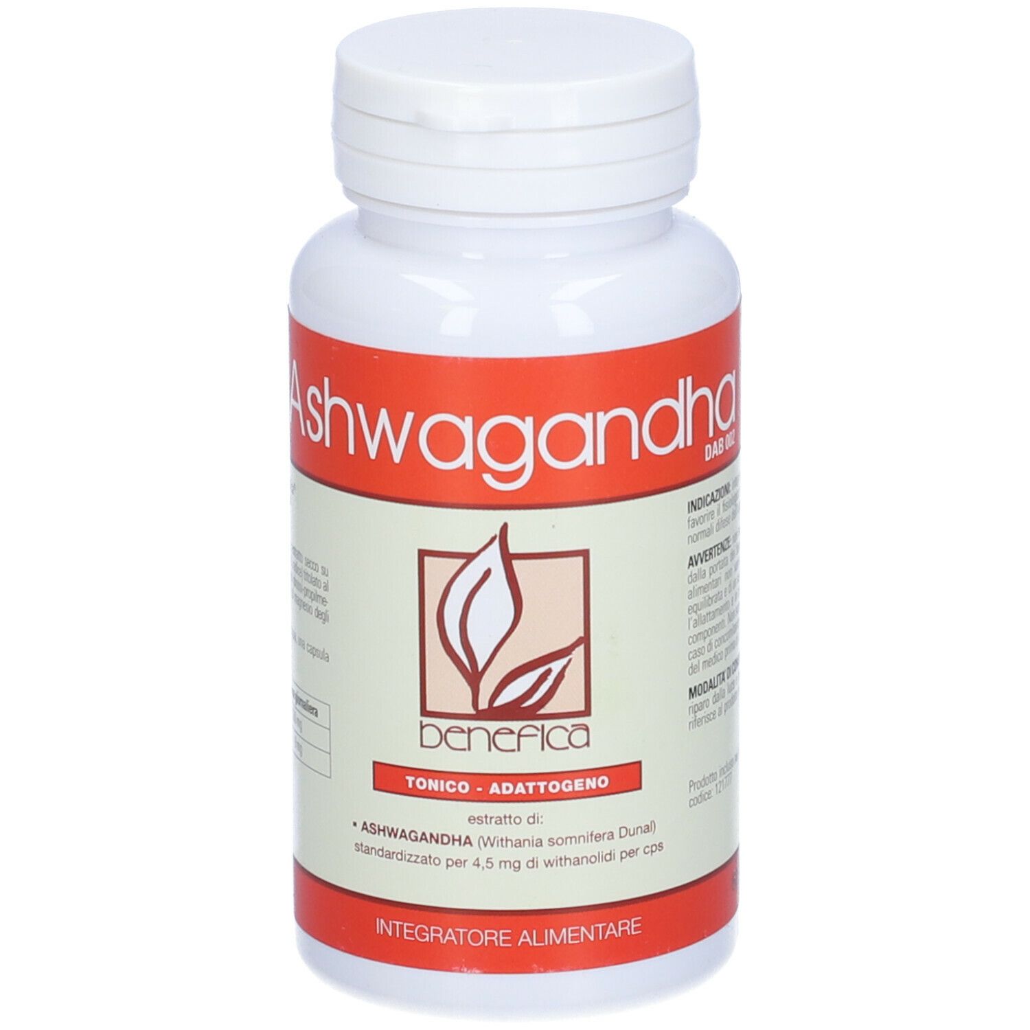 Flacone bianco con etichetta rossa. Scritta: Ashwagandha. Contiene capsule. Tonico-Adattogeno.