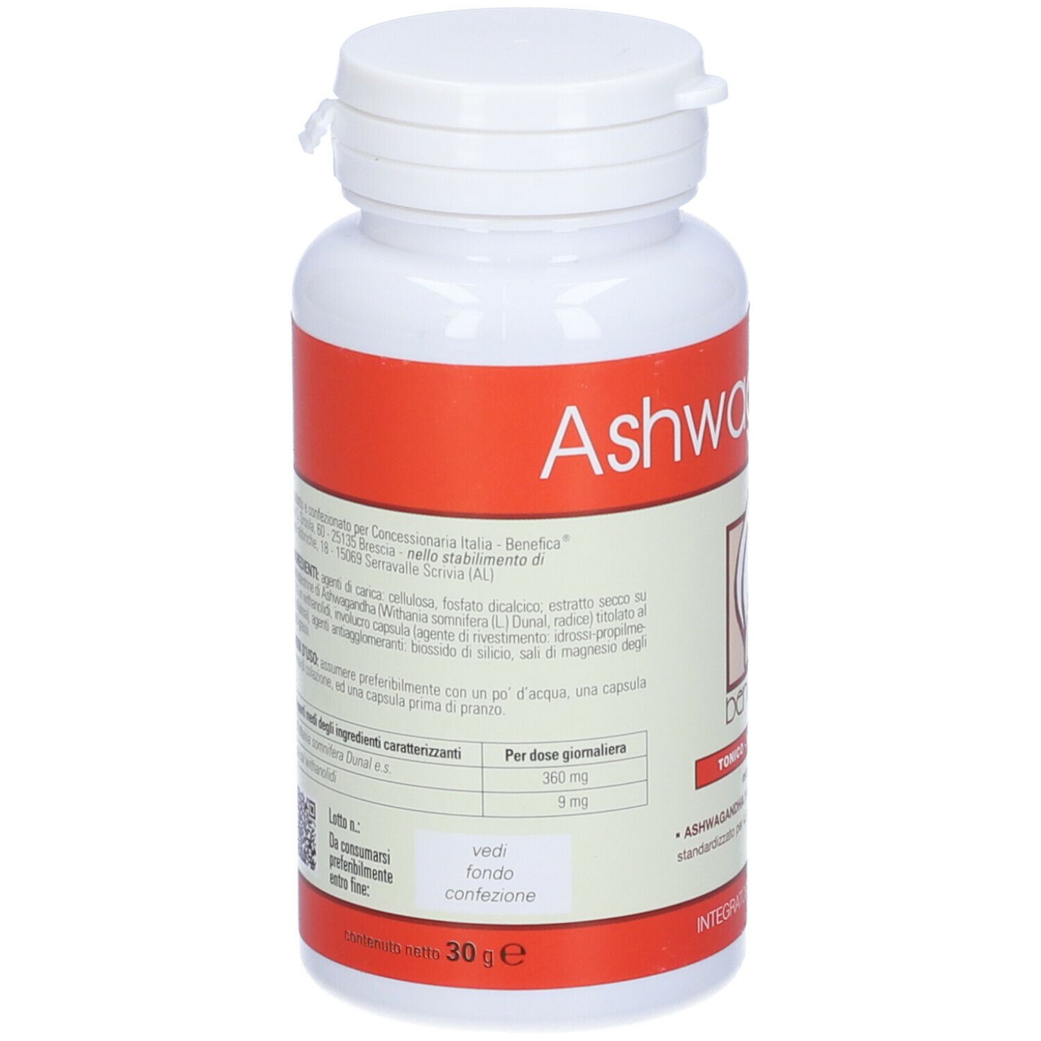 Flacone bianco con etichetta rossa. Scritta: Ashwagandha. Retro con testo e QR code. 30g.