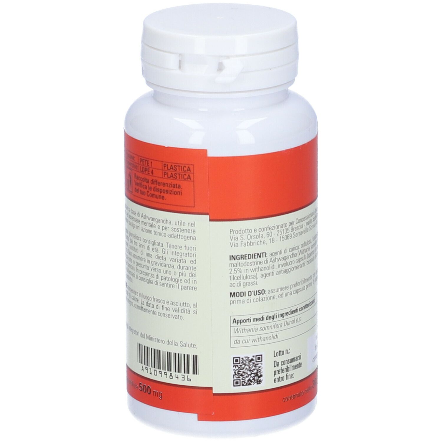 Flacone bianco con etichetta rossa. Scritta: Ashwagandha. Retro con testo e QR code. 500mg.
