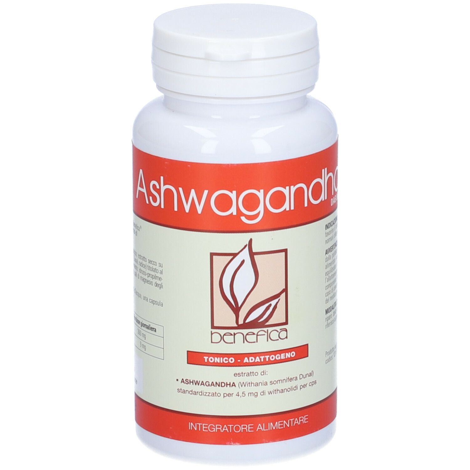 Flacone bianco con etichetta rossa. Scritta: Ashwagandha. Contiene capsule. Tonico-Adattogeno.