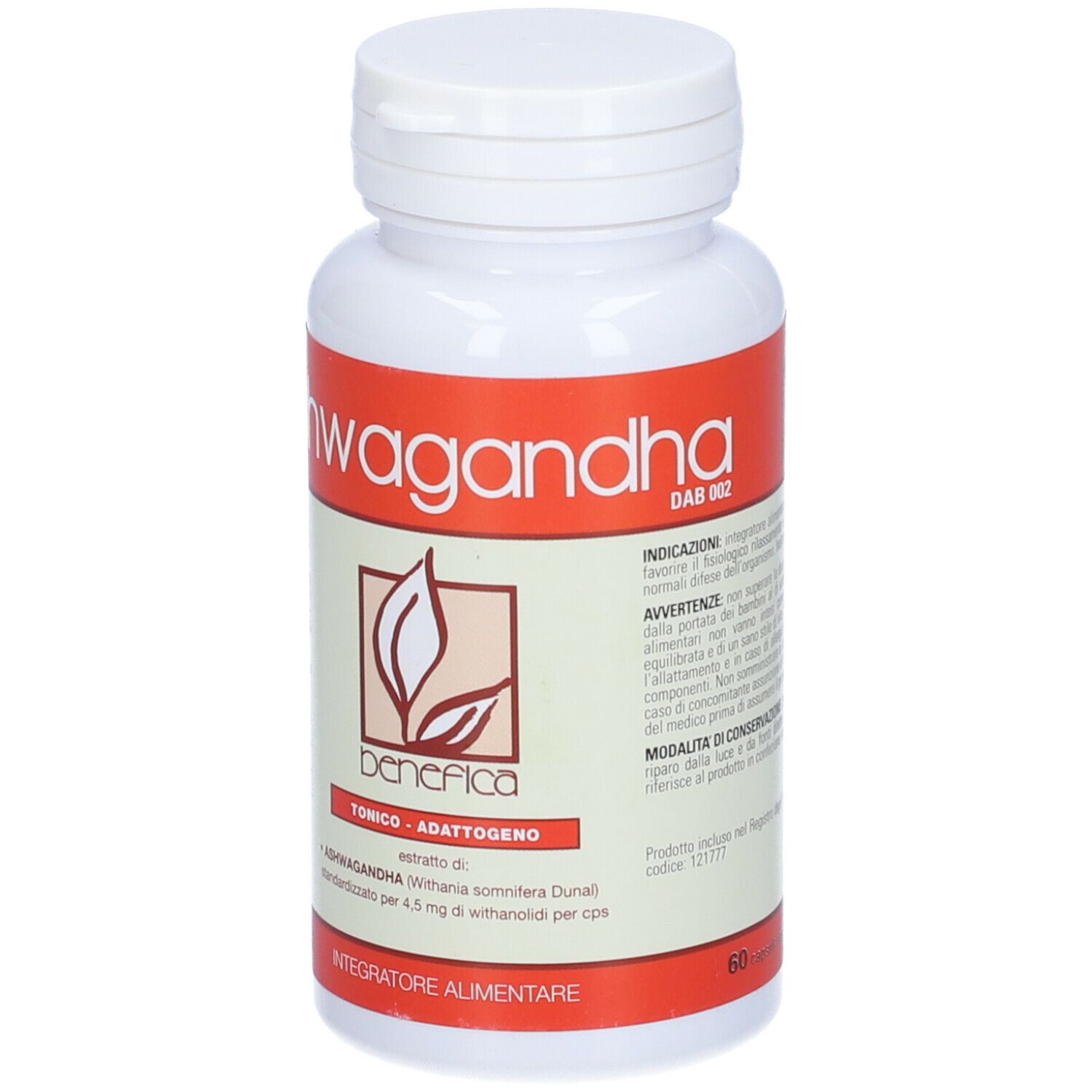 Flacone bianco con etichetta rossa. Scritta: Ashwagandha DAB 002. Contiene 60 capsule. Tonico-Adattogeno.
