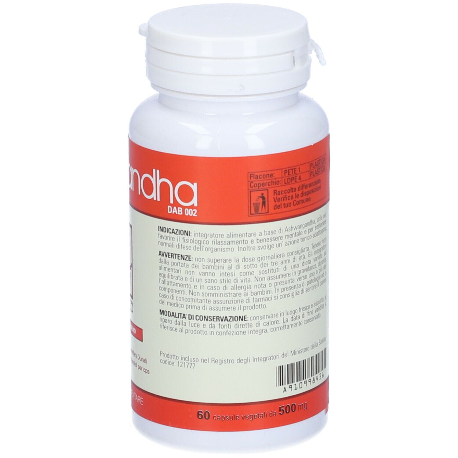 Flacone bianco con etichetta rossa. Scritta: Ashwagandha DAB 002. Contiene 60 capsule. Retro con testo.