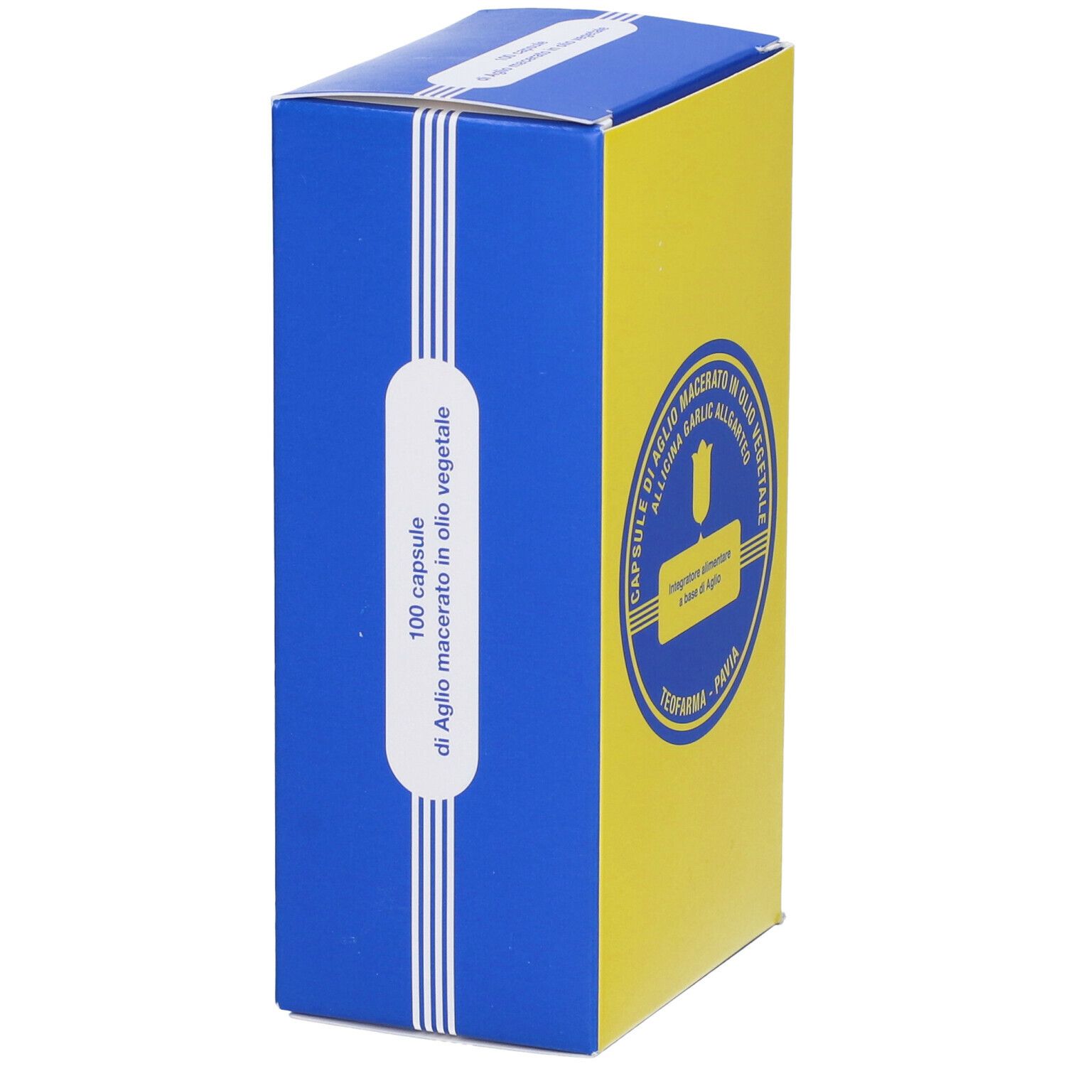 Scatola blu e gialla, vista laterale. Scritta: 100 capsule di Aglio macerato in olio vegetale.