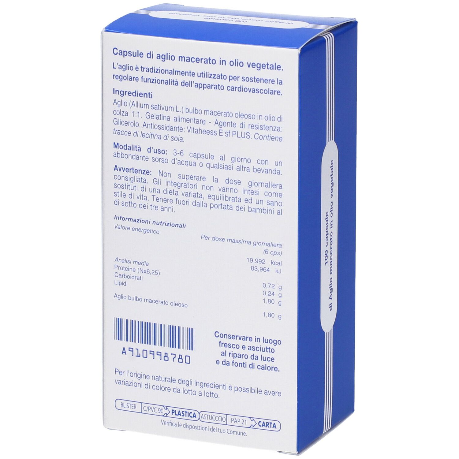 Scatola blu con testo. Scritta: Capsule di aglio macerato in olio vegetale. Ingredienti, istruzioni per l'uso, informazioni nutrizionali.