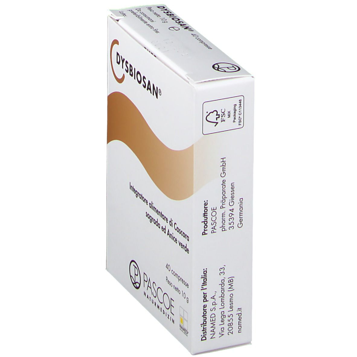Produktverpackung mit Aufschrift Dysbiosan. Logo Pascoe Naturmedizin. Angaben zu Inhaltsstoffen und Hersteller.
