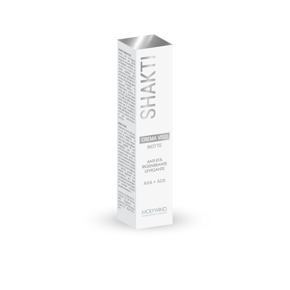 Scatola bianca con logo Shakti e informazioni prodotto. Testo: Crema Viso Notte, Anti-età, Rigenerante, Levigante.