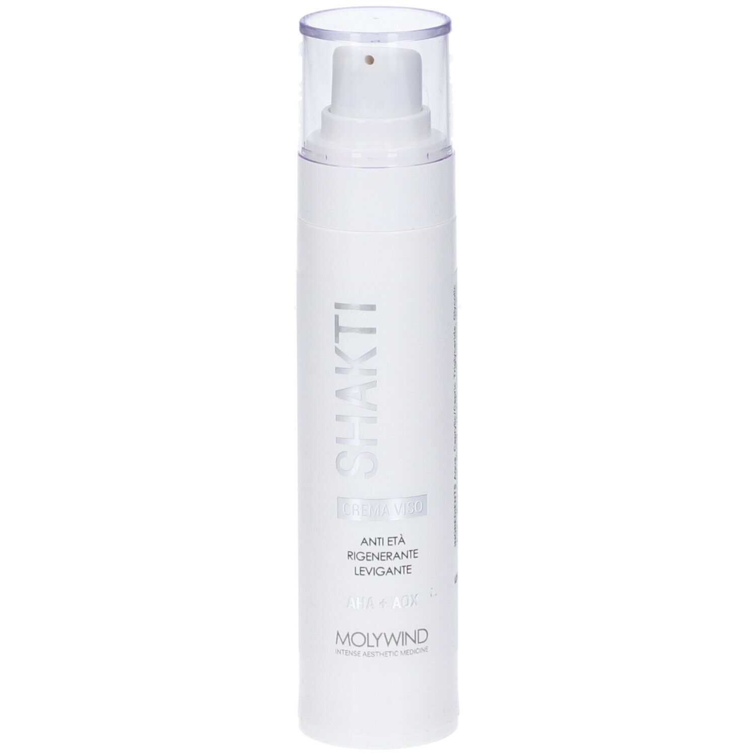 Flacone bianco con logo Shakti e pompa. Tappo trasparente. Testo: Crema Viso, Anti-età, Rigenerante, Levigante, 50 ml.