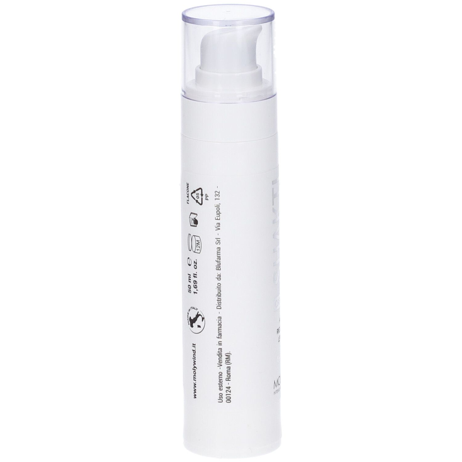 Flacone bianco con pompa e coperchio trasparente. Testo: 50 ml, 1,69 fl. oz. Informazioni e loghi sul retro.