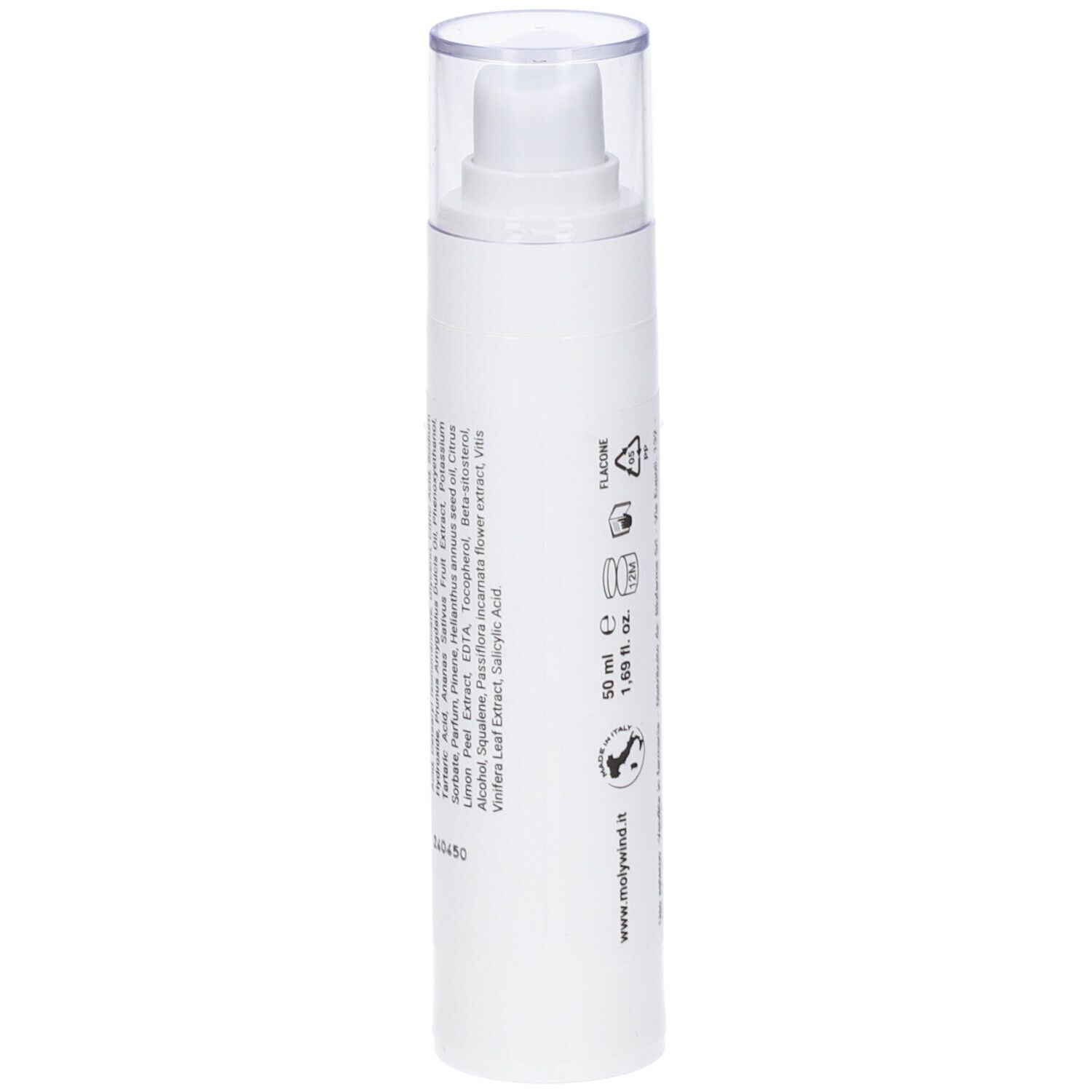 Flacone bianco con pompa e coperchio trasparente. Testo: Ingredienti, 50 ml, 1,69 fl. oz. e Flacone.