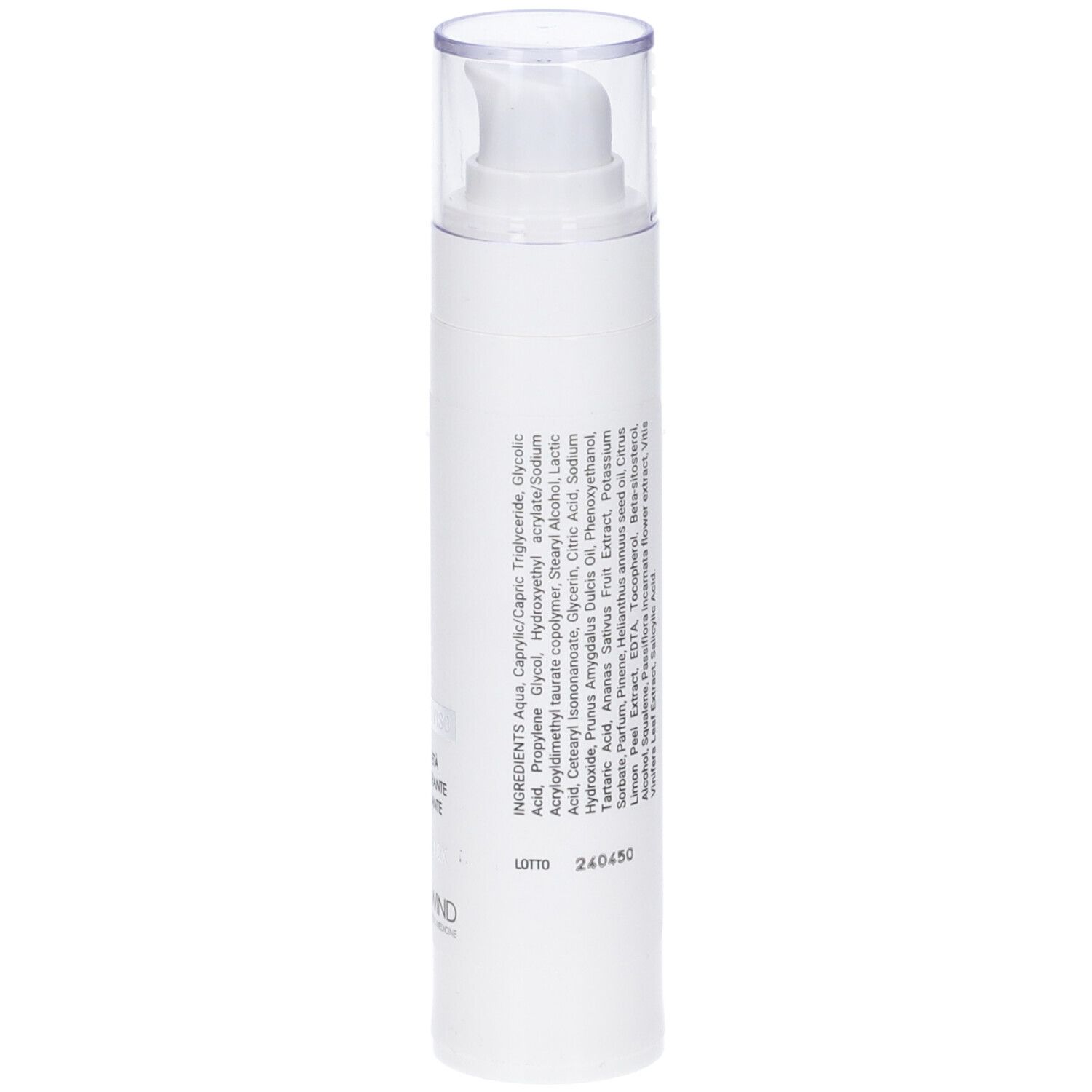 Flacone bianco con pompa e coperchio trasparente. Testo: Ingredienti, lotto 240450, 50 ml, 1,69 fl. oz.
