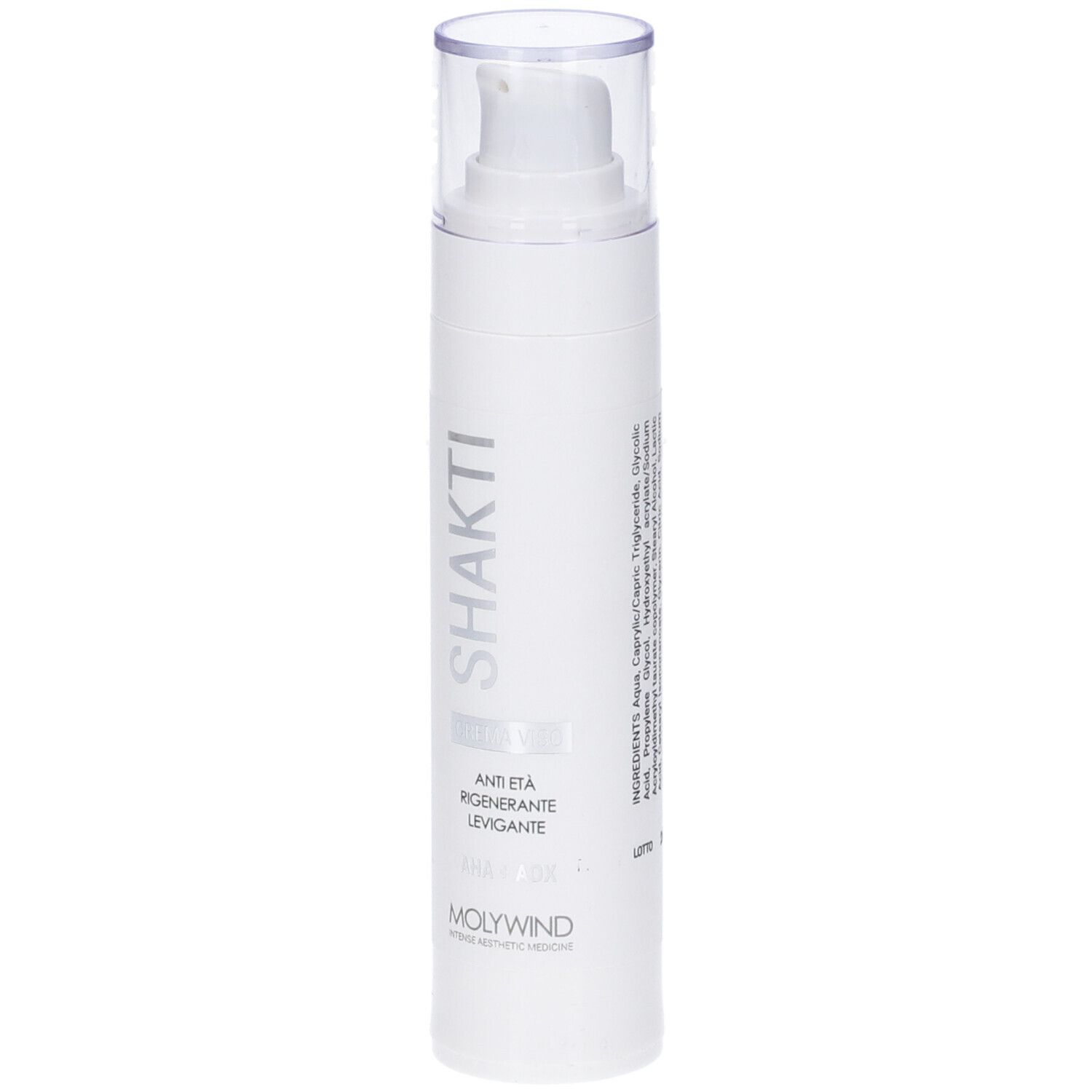 Flacone bianco con logo Shakti e pompa. Tappo trasparente. Testo: Crema Viso, Anti-età, Rigenerante, Levigante, 50 ml.