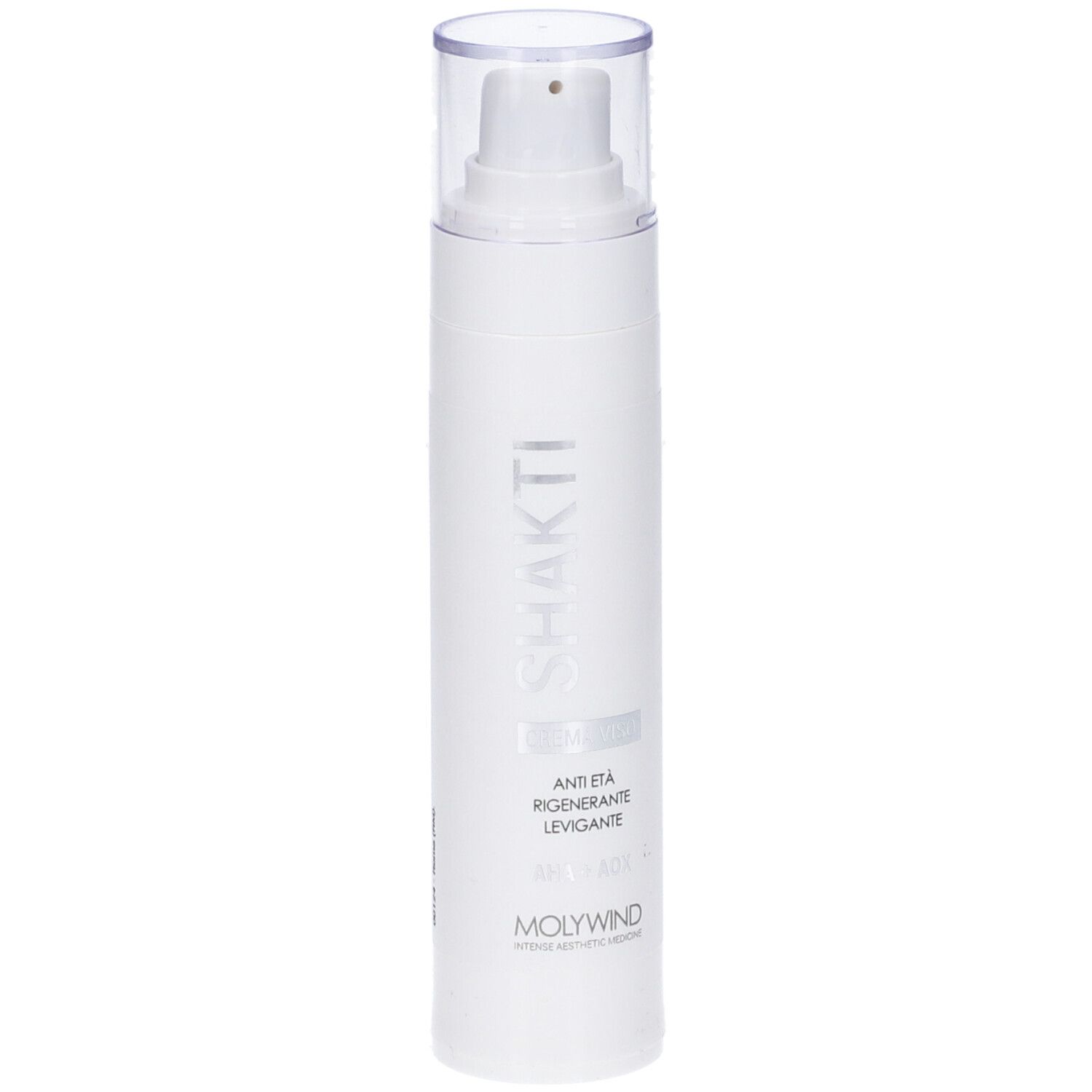 Flacone bianco con logo Shakti e pompa. Tappo trasparente. Testo: Crema Viso, Anti-età, Rigenerante, Levigante, 50 ml.