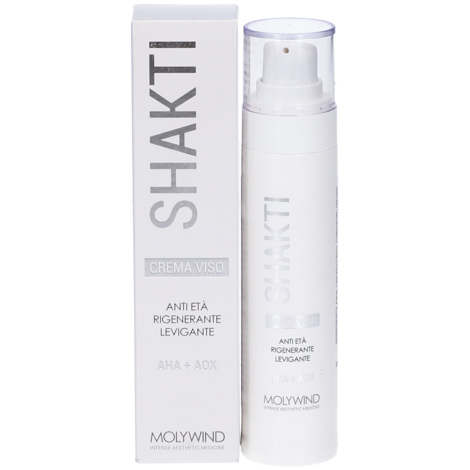 Flacone e scatola bianchi. Logo Shakti, Crema Viso, Anti-età, Rigenerante, Levigante. 50 ml. Pompa e tappo trasparente.