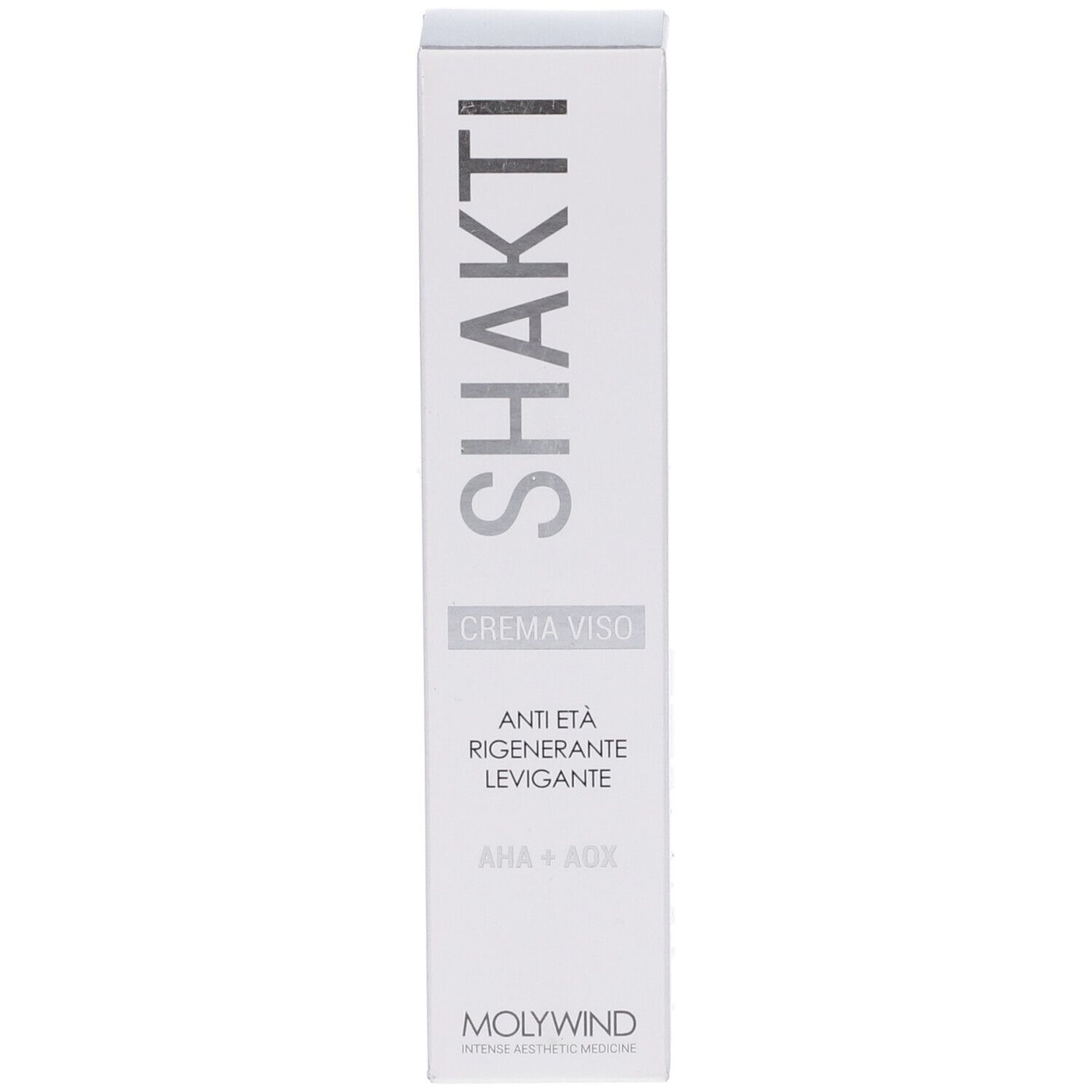 Scatola bianca con logo Shakti e informazioni prodotto. Testo: Crema Viso Notte, Anti-età, Rigenerante, Levigante.