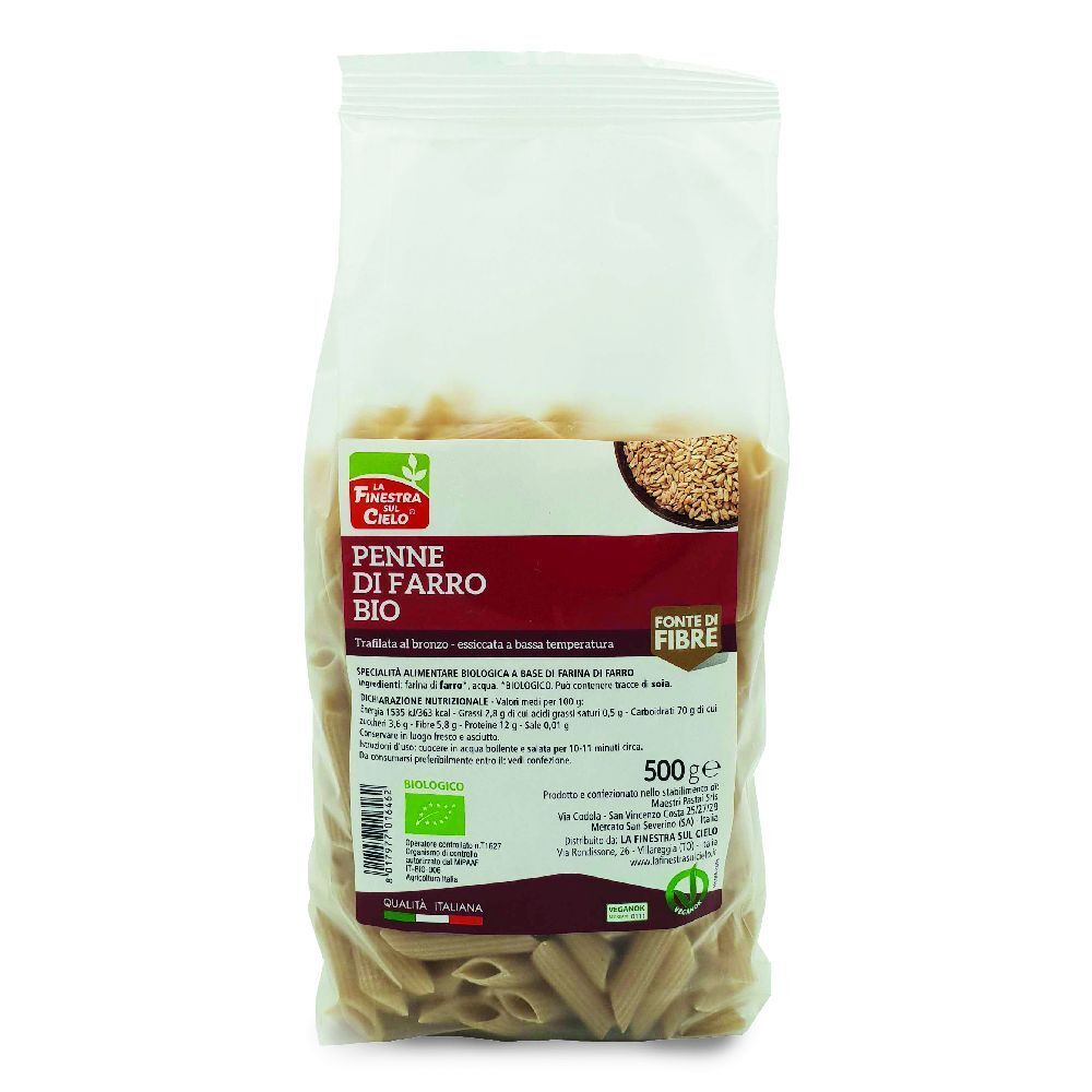 Penne Di Farro Bio in confezione trasparente. Stampa con nome del prodotto, logo e informazioni nutrizionali. 500g.