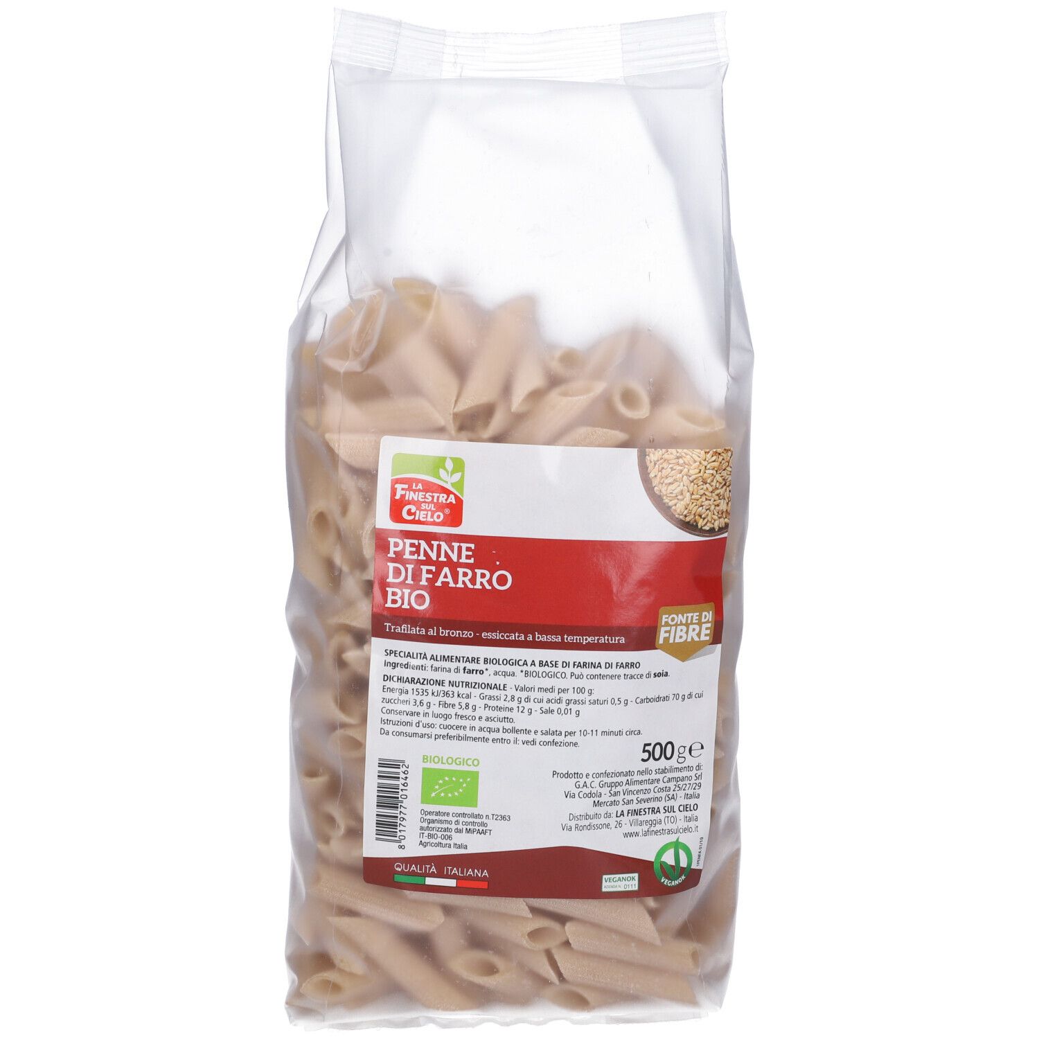 Penne Di Farro Bio in confezione trasparente. Nome del prodotto, logo e informazioni nutrizionali visibili. 500g.