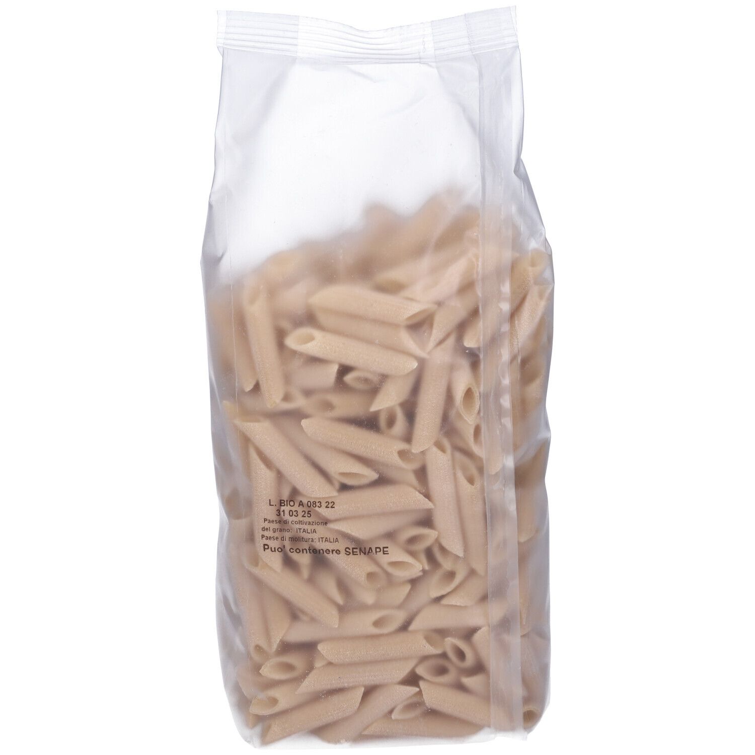Pasta penne di farro in confezione trasparente. Prodotto visibile. Stampa con informazioni e logo.