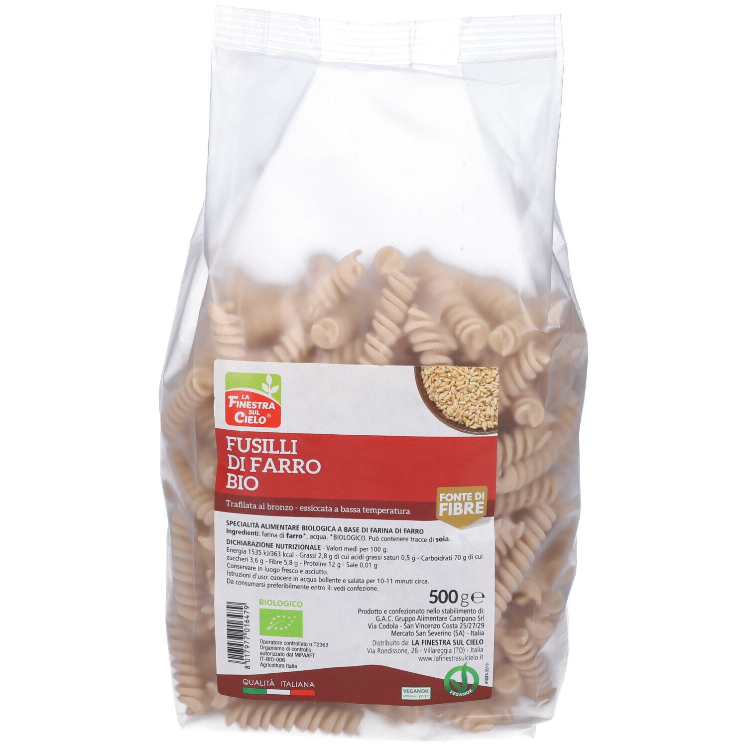 Fusilli di Farro Bio in confezione trasparente. Etichetta rossa con testo e logo. Certificazione bio.
