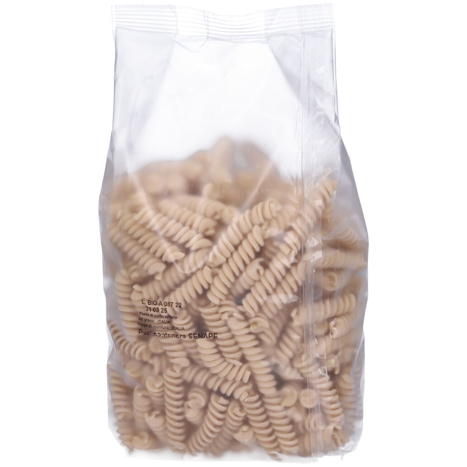 Fusilli di Farro Bio in confezione trasparente. Vista posteriore. Pasta visibile. Confezione trasparente.