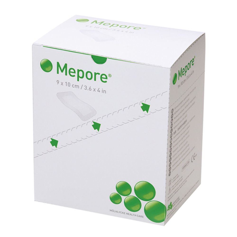 Confezione bianca Mepore, logo verde. Dimensioni 9x10 cm/3.6x4 in. Medicazione sterile. Marchio Mölnlycke Health Care.