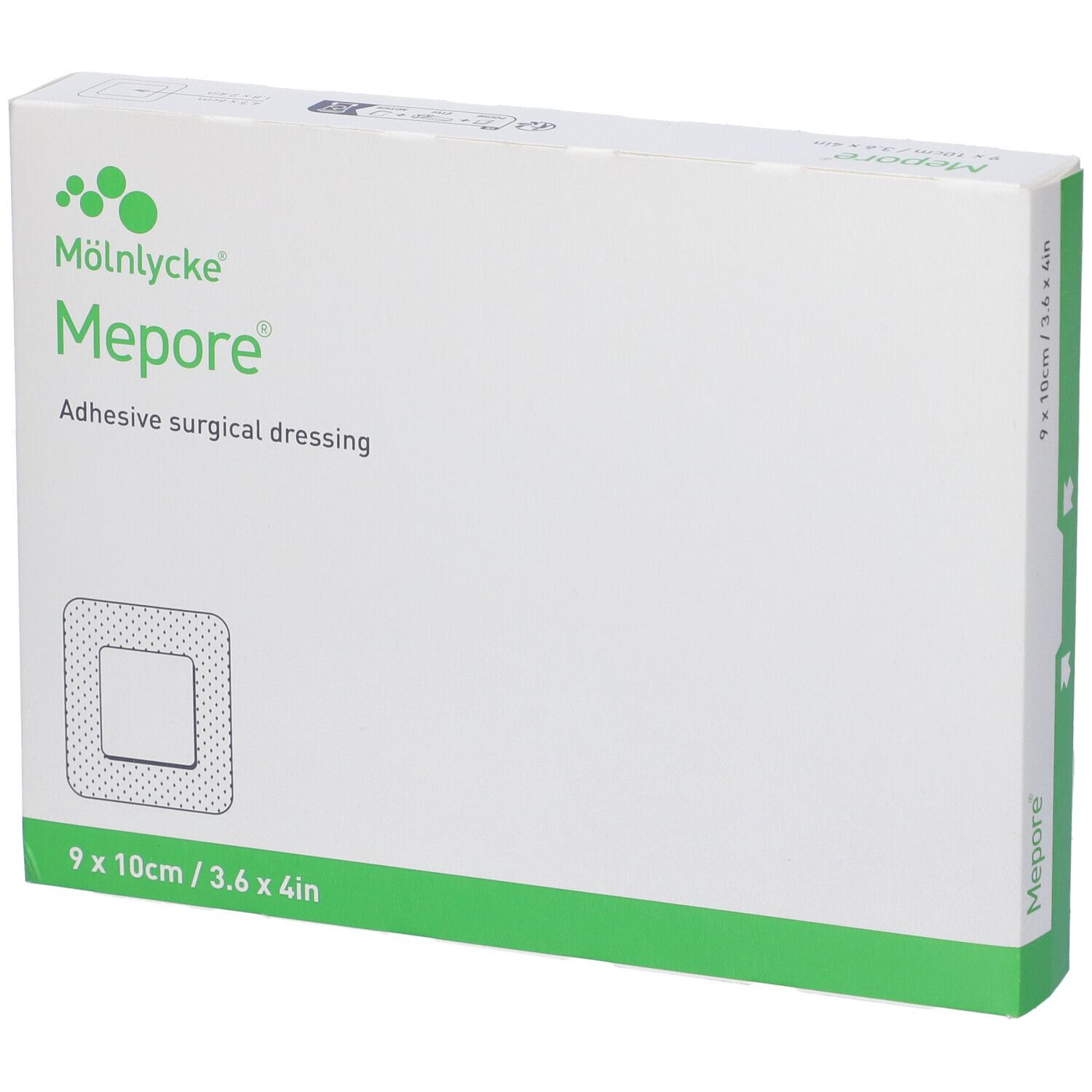 Scatola bianca Mepore, logo e descrizione. Dimensioni 9x10cm/3.6x4in. Medicazione chirurgica adesiva.