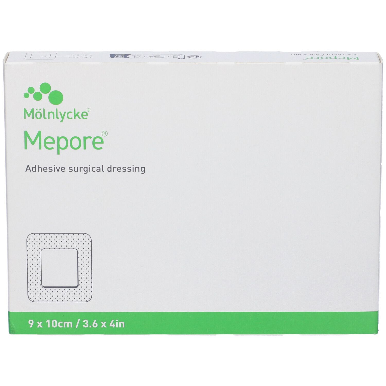 Scatola bianca Mepore, logo e descrizione. Dimensioni 9x10cm/3.6x4in. Medicazione chirurgica adesiva.