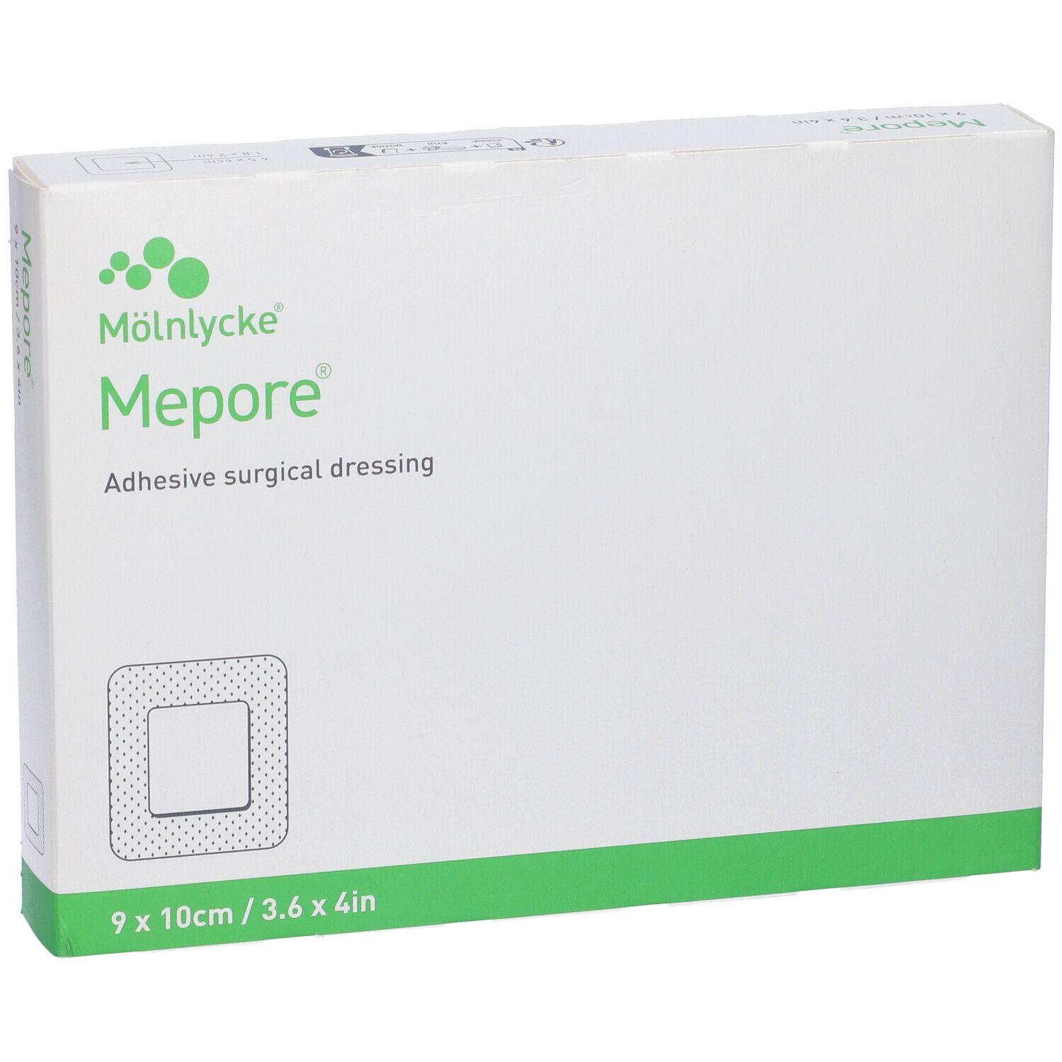 Scatola bianca Mepore, logo e descrizione. Dimensioni 9x10cm/3.6x4in. Medicazione chirurgica adesiva.
