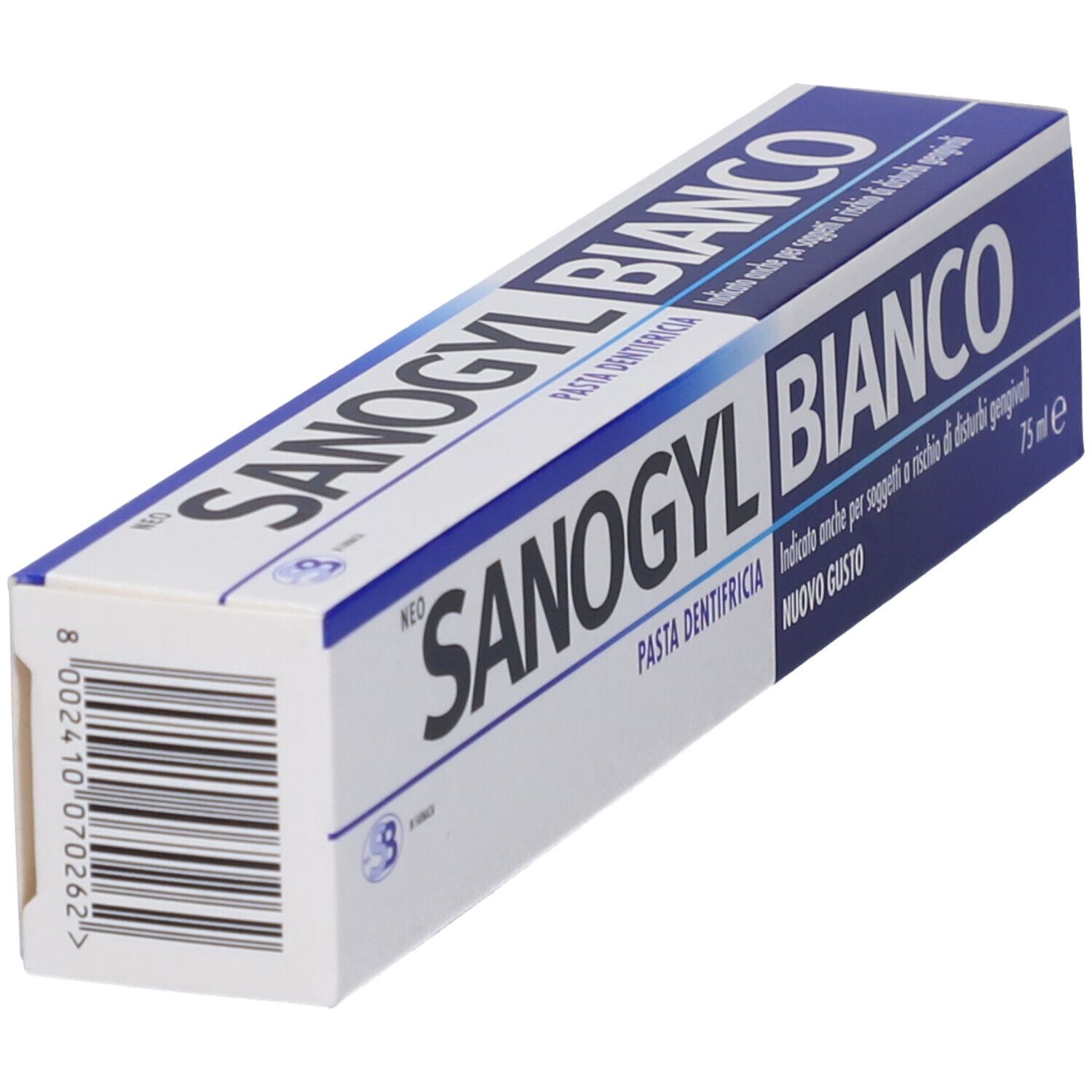 Zahncreme-Verpackung. Weiß-blaue Schachtel mit Barcode. Produktname sichtbar.
