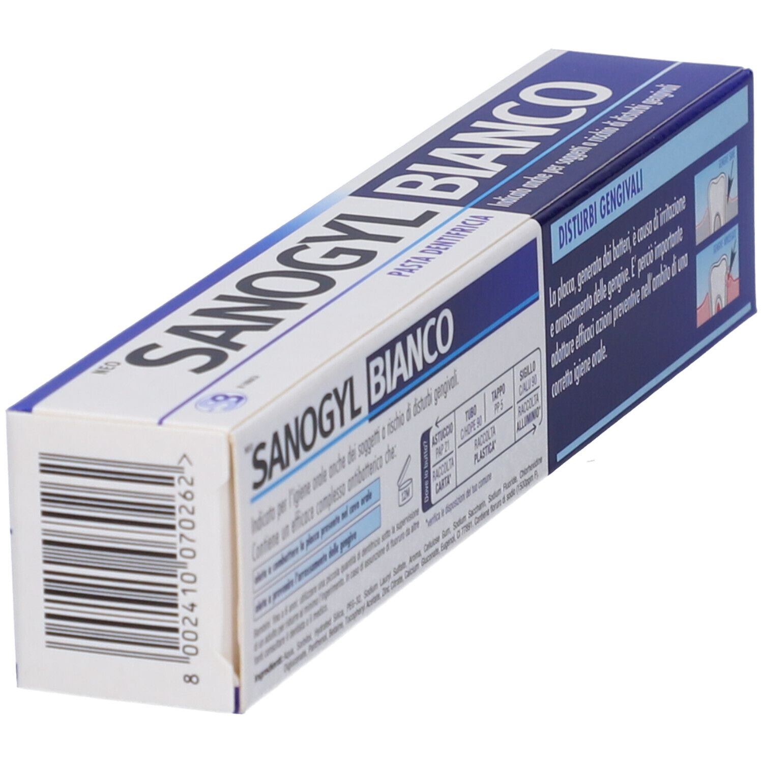 Zahncreme-Verpackung. Rückseite der Schachtel mit Text und Barcode. Weiß und blau.