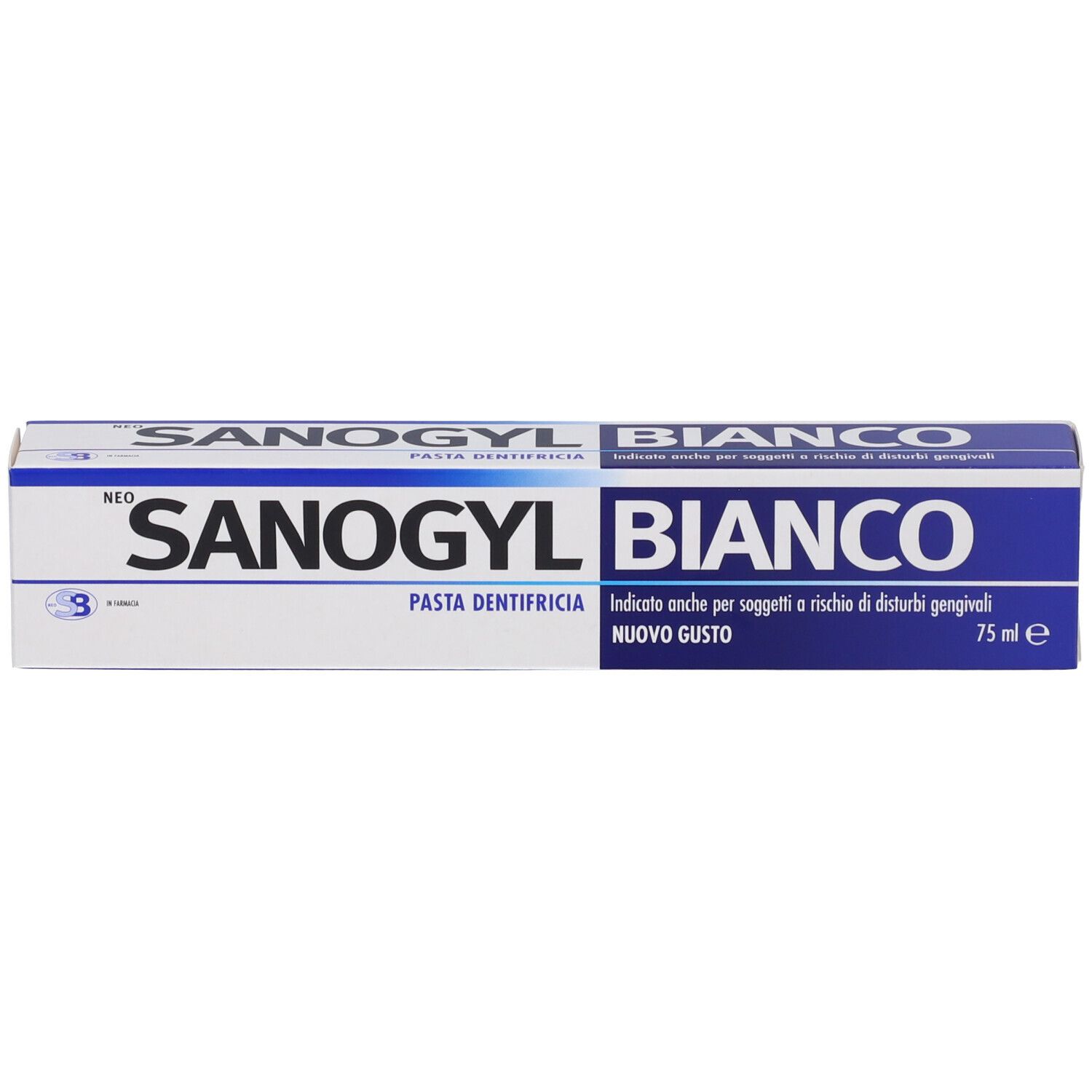 Zahncreme-Verpackung. Weiß-blaue Schachtel mit Produktnamen und Schriftzug. 75 ml.