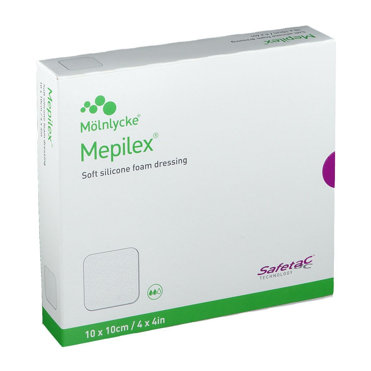 Confezione di medicazioni Mepilex®, 10 x 10 cm. Medicazione in schiuma di silicone morbida. Mölnlycke.