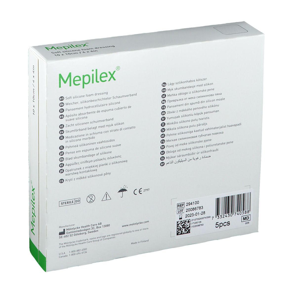 Retro della confezione Mepilex®. Contiene 5 pezzi. Informazioni su produttore, lotto e scadenza.