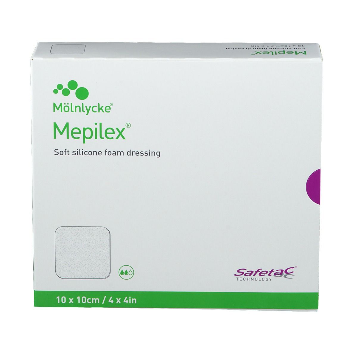 Confezione di medicazioni Mepilex®, 10 x 10 cm. Medicazione in schiuma di silicone morbida. Mölnlycke.