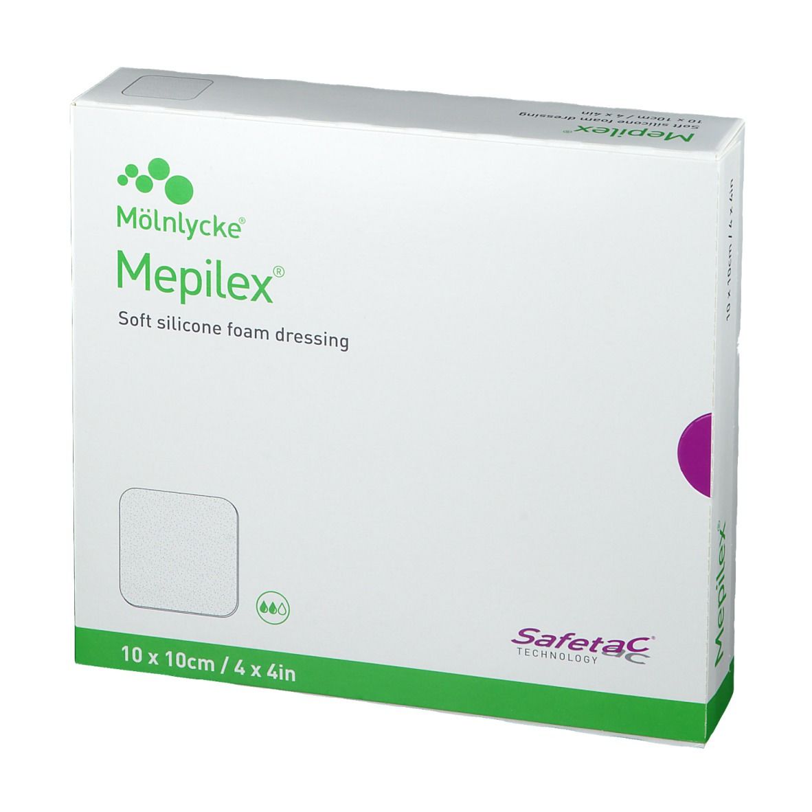Confezione di medicazioni Mepilex®, 10 x 10 cm. Medicazione in schiuma di silicone morbida. Mölnlycke.