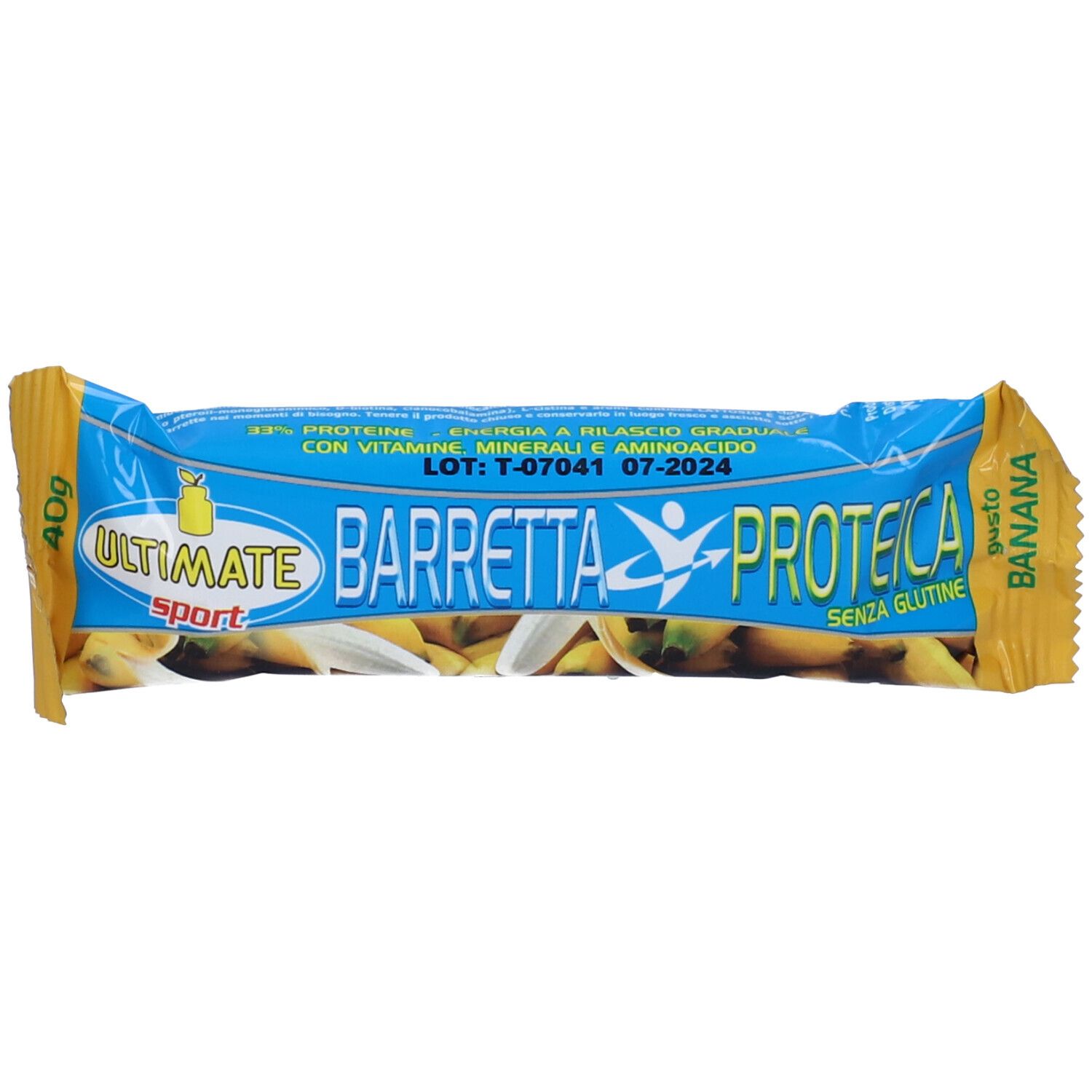 Barretta proteica in confezione giallo-blu. Scritta: Ultimate Sport, Barretta Proteica, senza glutine. Gusto banana.