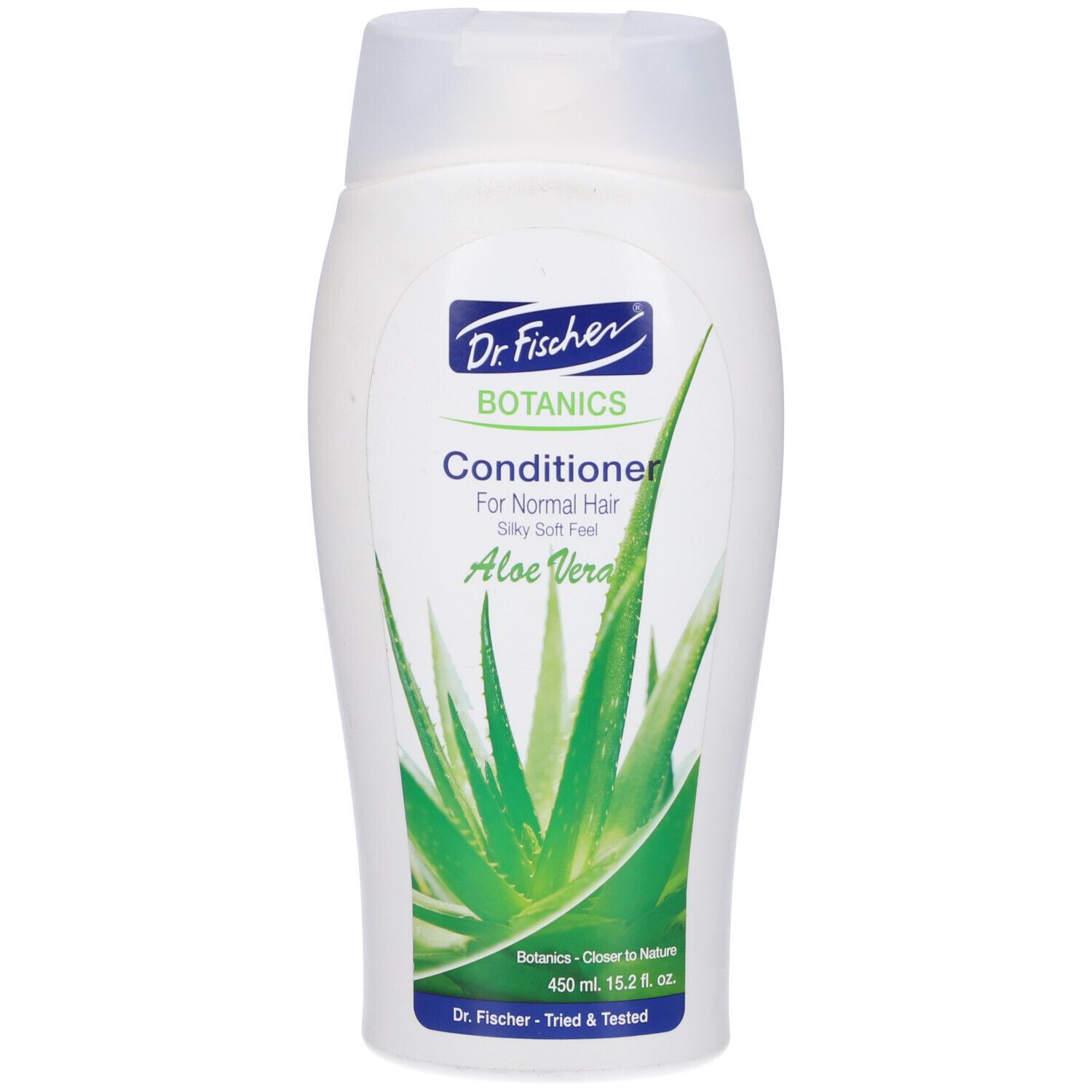 Flacone bianco con motivo aloe vera verde. Scritta: Dr. Fischer Botanics Conditioner per capelli normali, Aloe Vera.