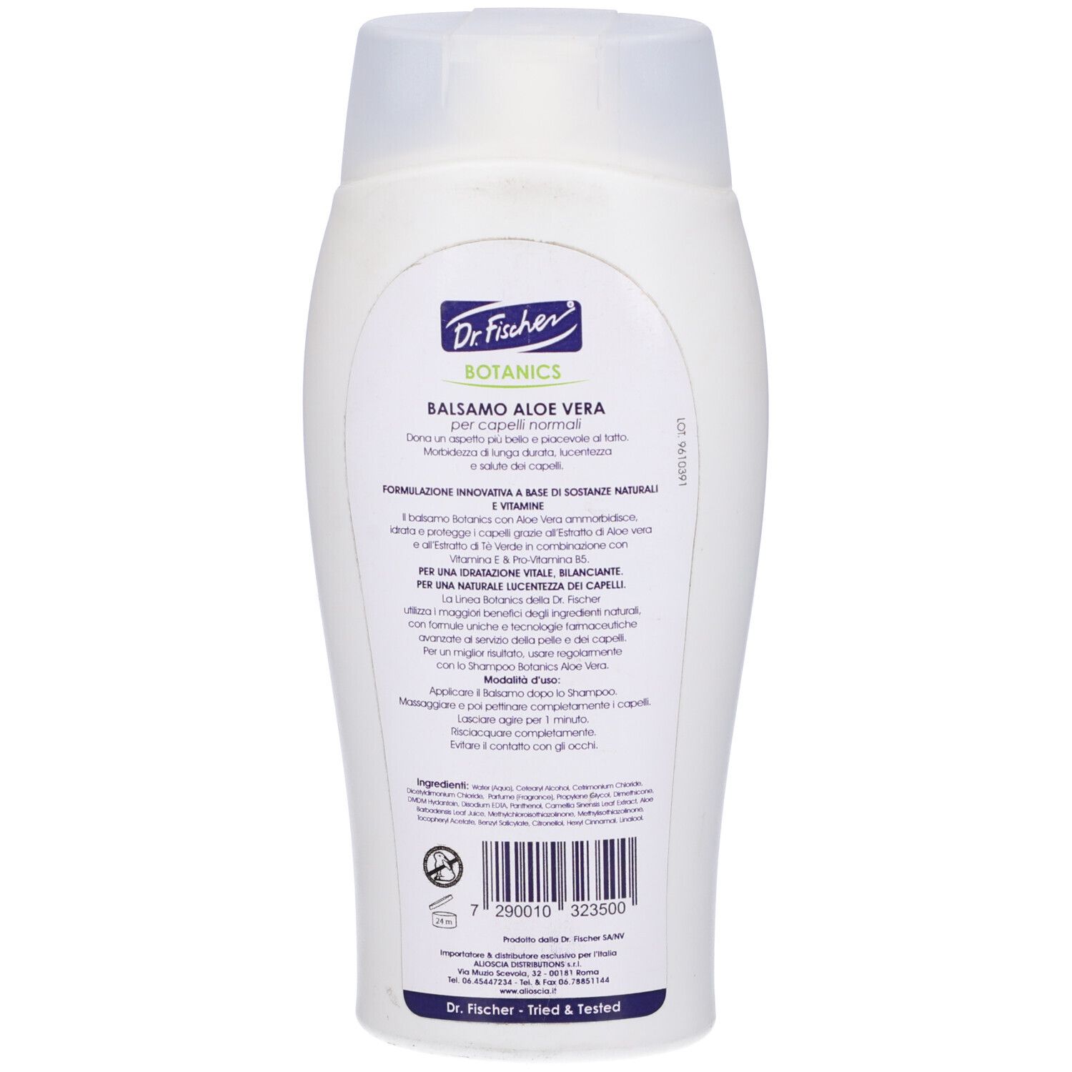 Retro di un flacone bianco. Testo in italiano. Scritta: Balsamo Aloe Vera per capelli.
